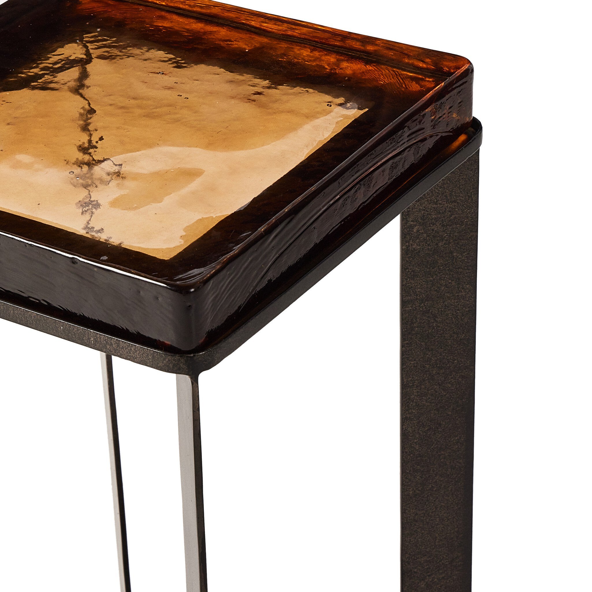 Four Hands Lennie Cast Glass End Table — Amber Cast Glass-Burnished Charcoal