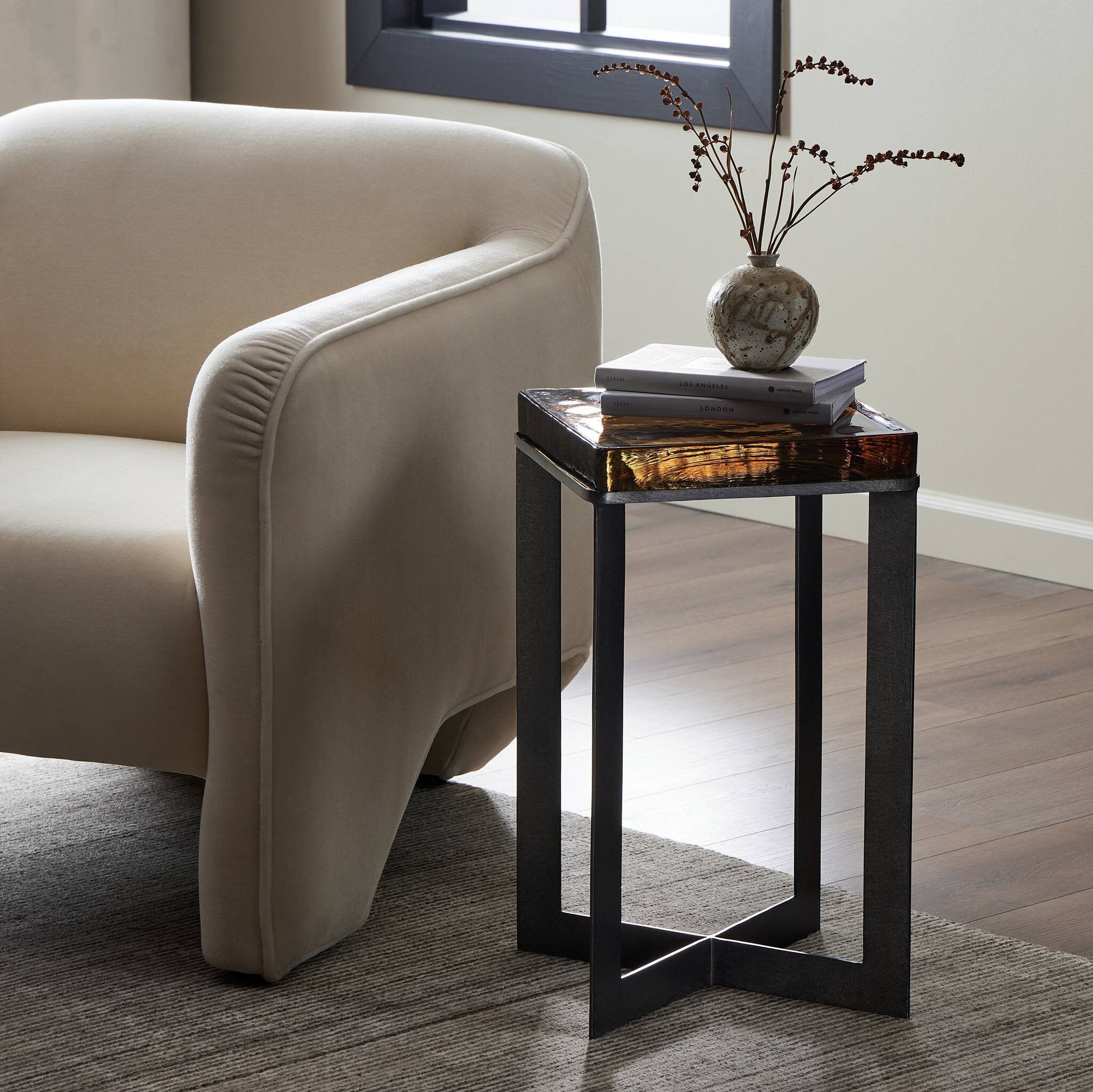 Four Hands Lennie Cast Glass End Table — Amber Cast Glass-Burnished Charcoal