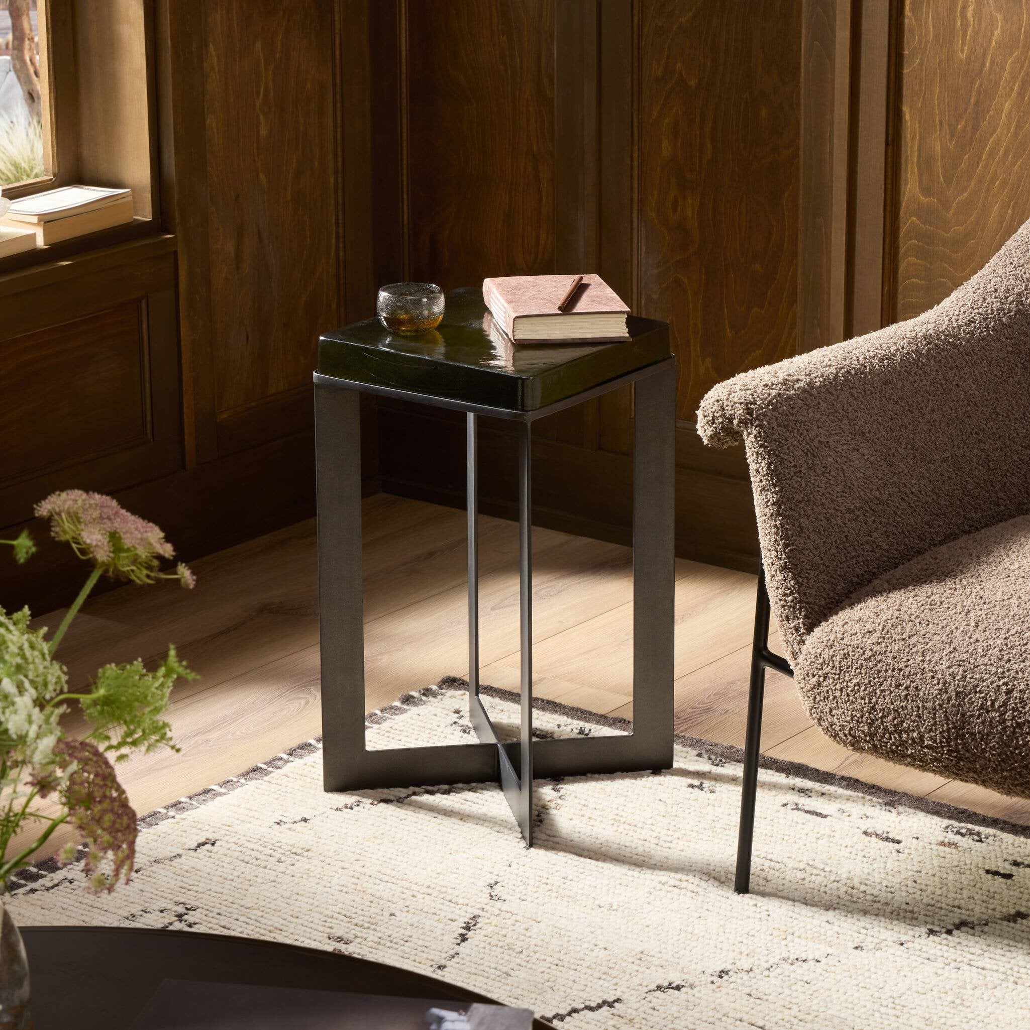 Four Hands Lennie Cast Glass End Table — Moss Cast Glass-Burnished Charcoal