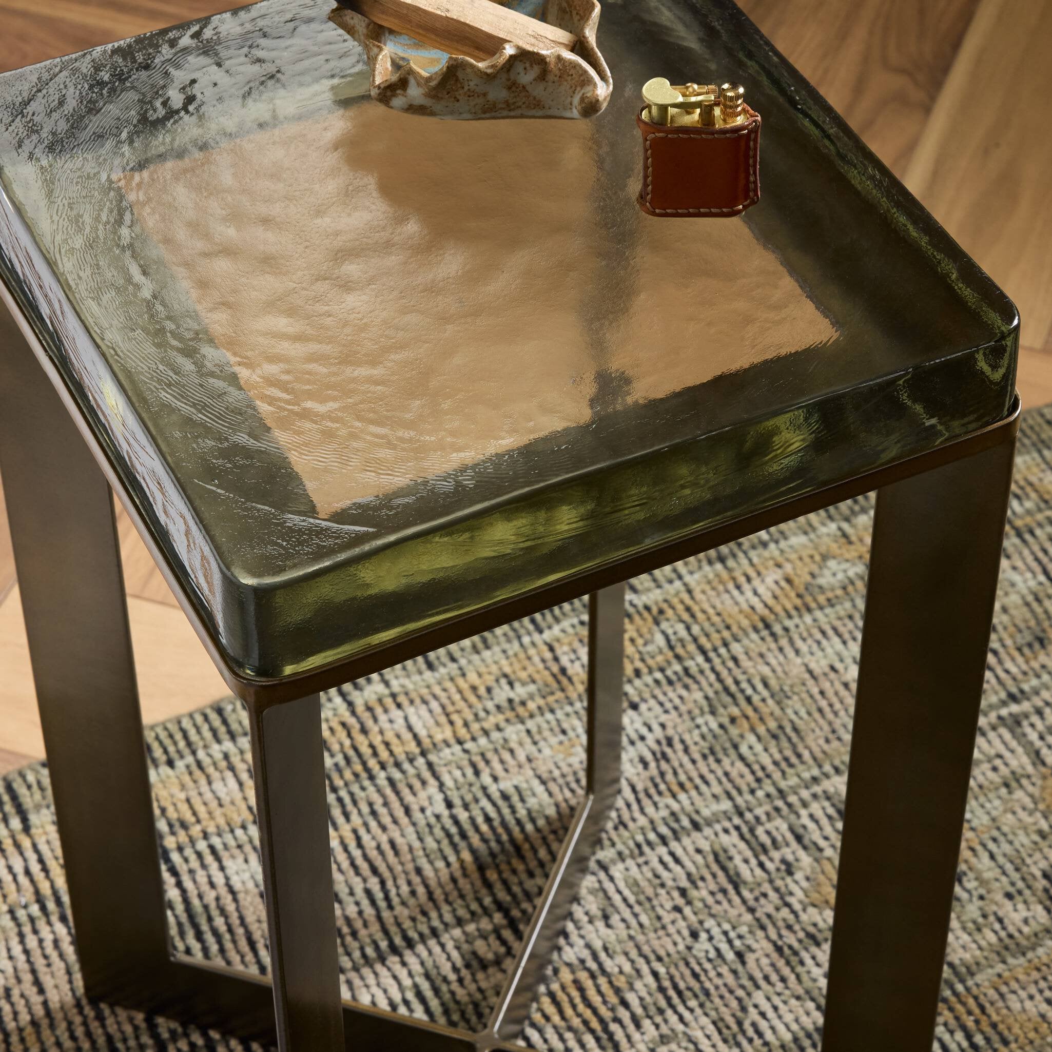 Four Hands Lennie Cast Glass End Table — Clear Cast Glass-Dark Brass