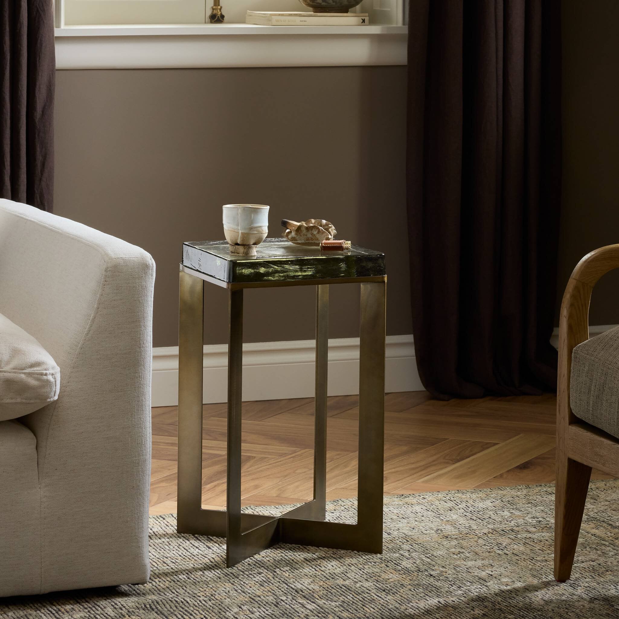 Four Hands Lennie Cast Glass End Table — Clear Cast Glass-Dark Brass