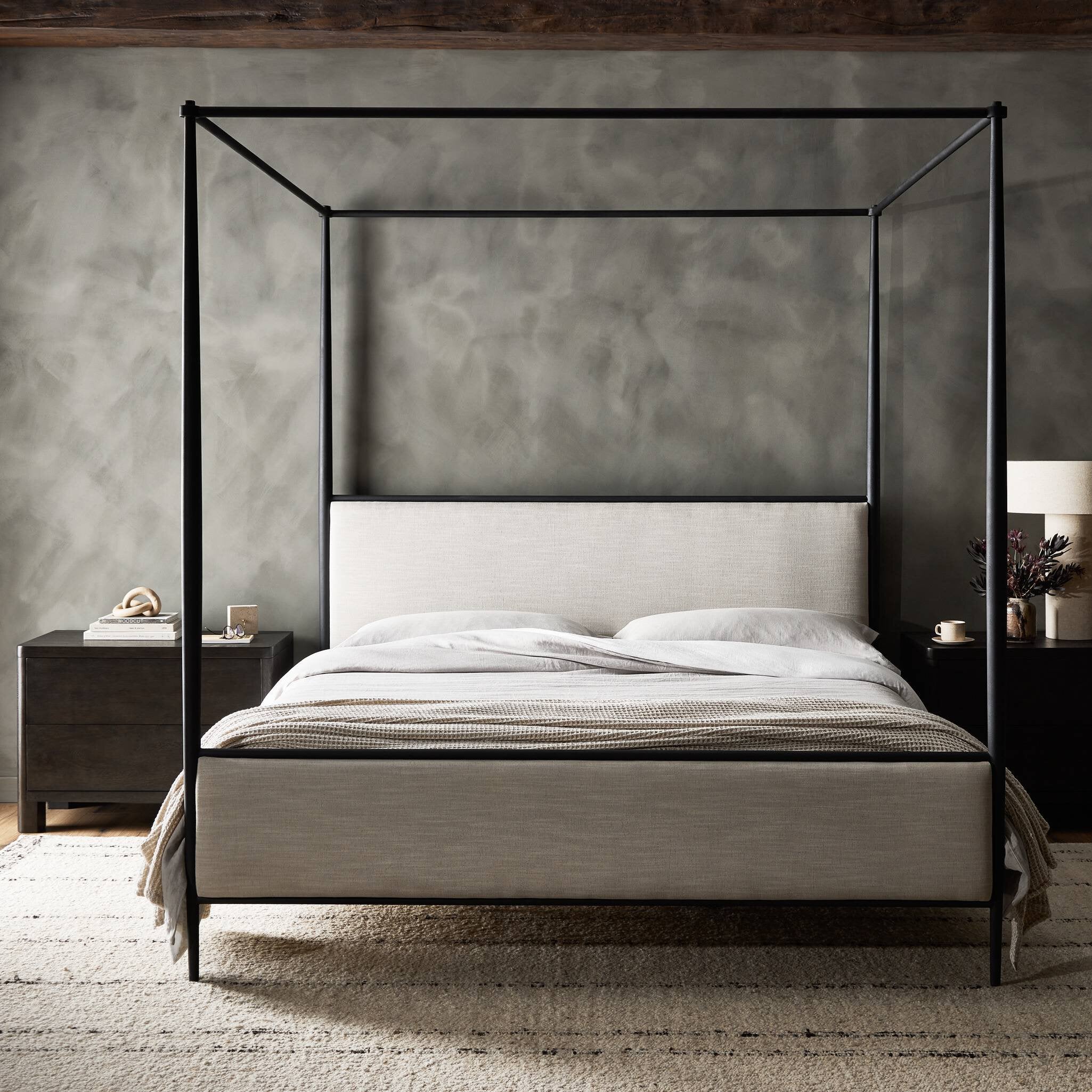 Four Hands Xander Canopy Bed — Savoy Parchment-Textured Black Iron-King