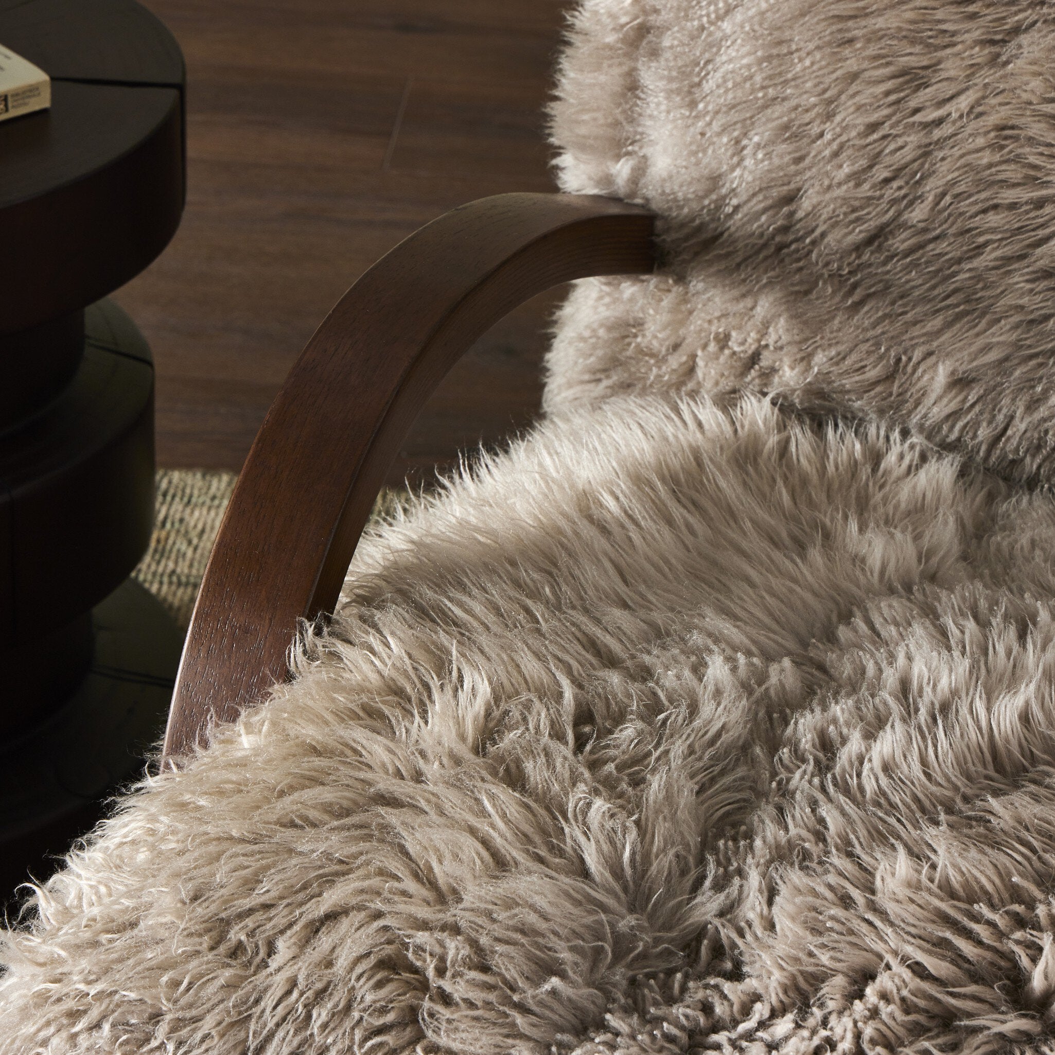 Four Hands Tobin Chair — Taupe Mongolian Fur-Terra Brown Parawood Veneer