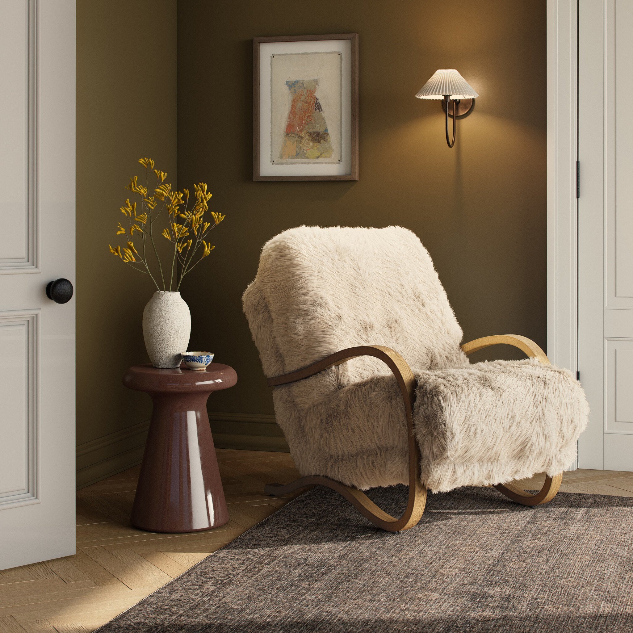 Four Hands Tobin Chair — Champagne Mongolian Fur-Aged Smoked Oak