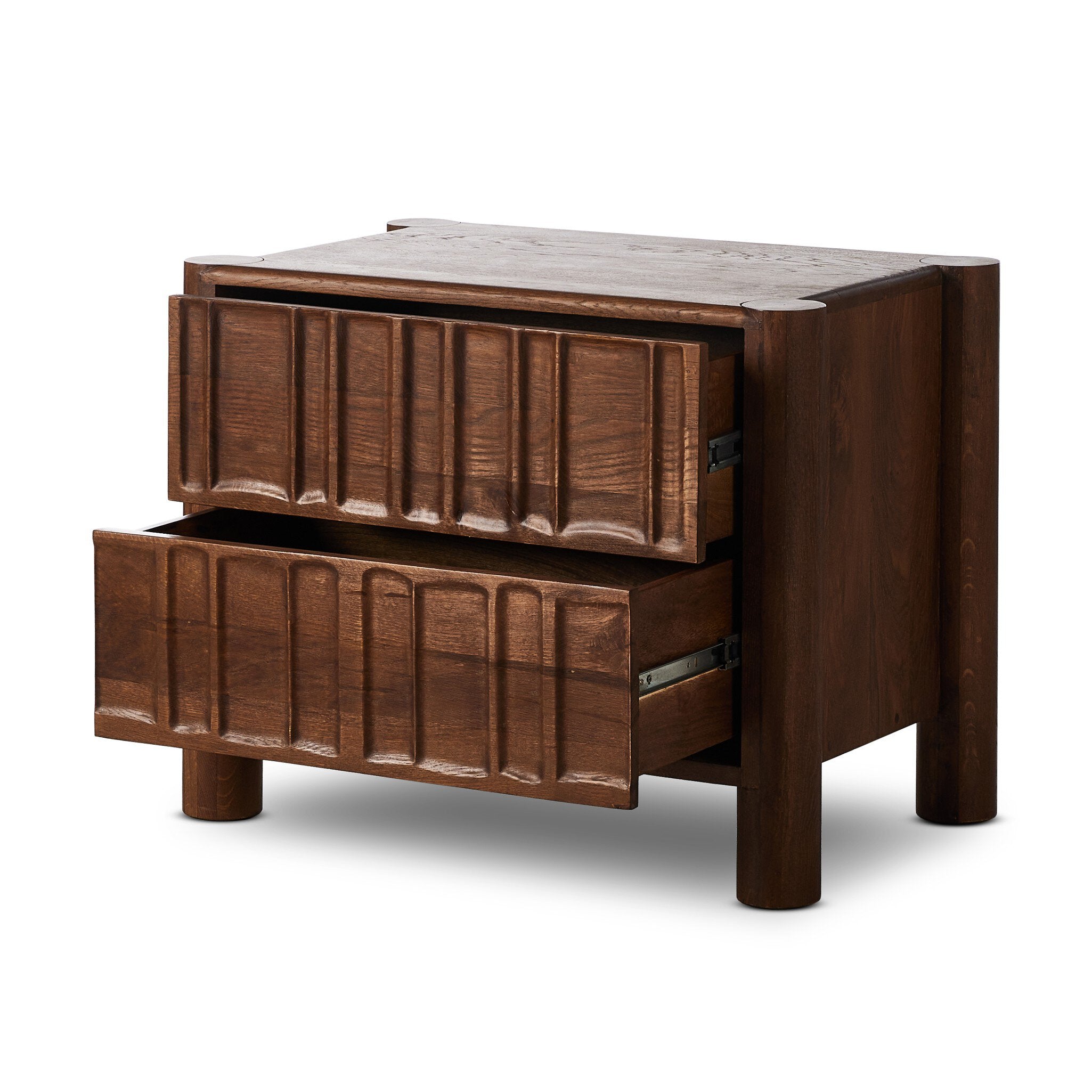 Four Hands Ezri Nightstand — Cocoa Oak-Carved Cocoa Oak