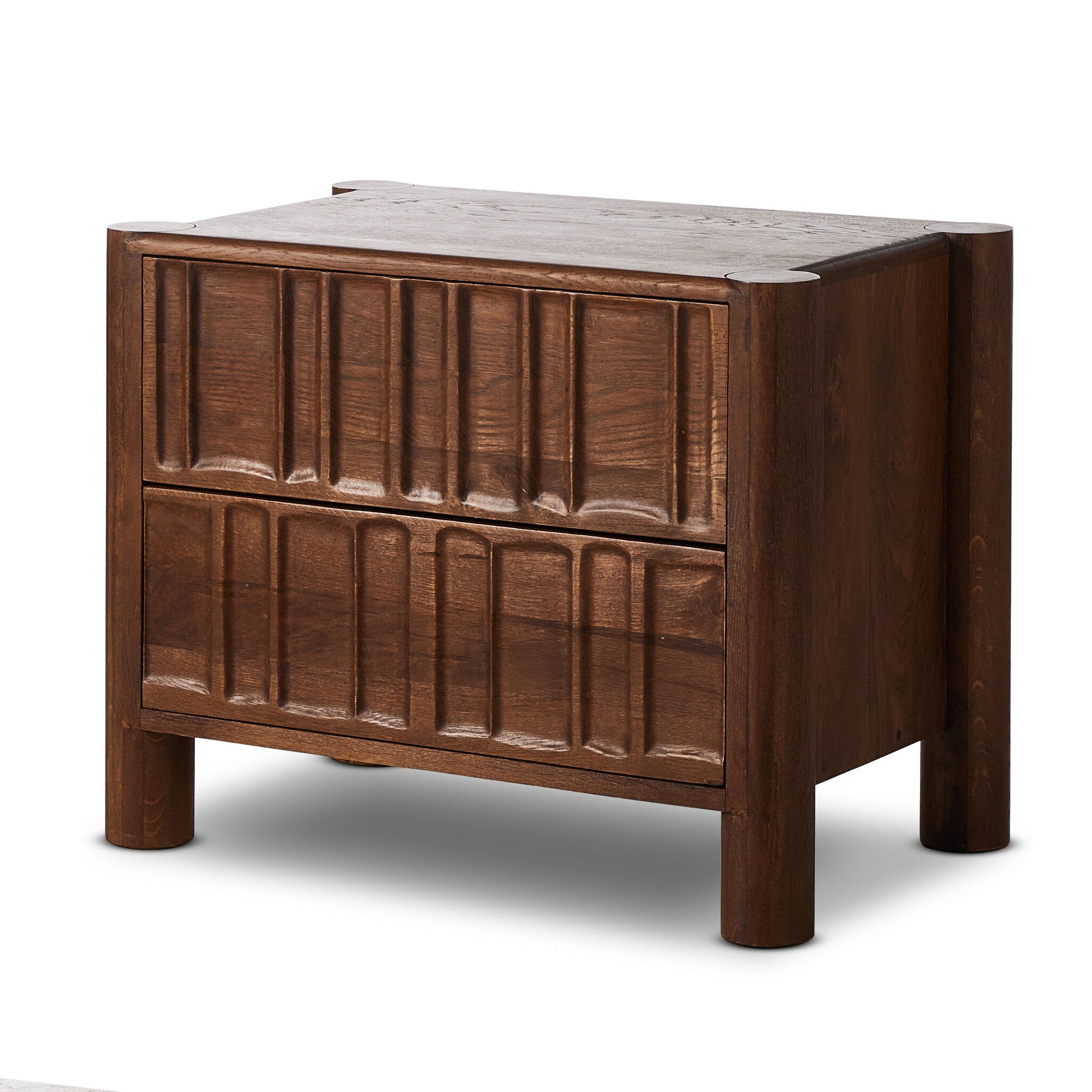 Four Hands Ezri Nightstand — Cocoa Oak-Carved Cocoa Oak