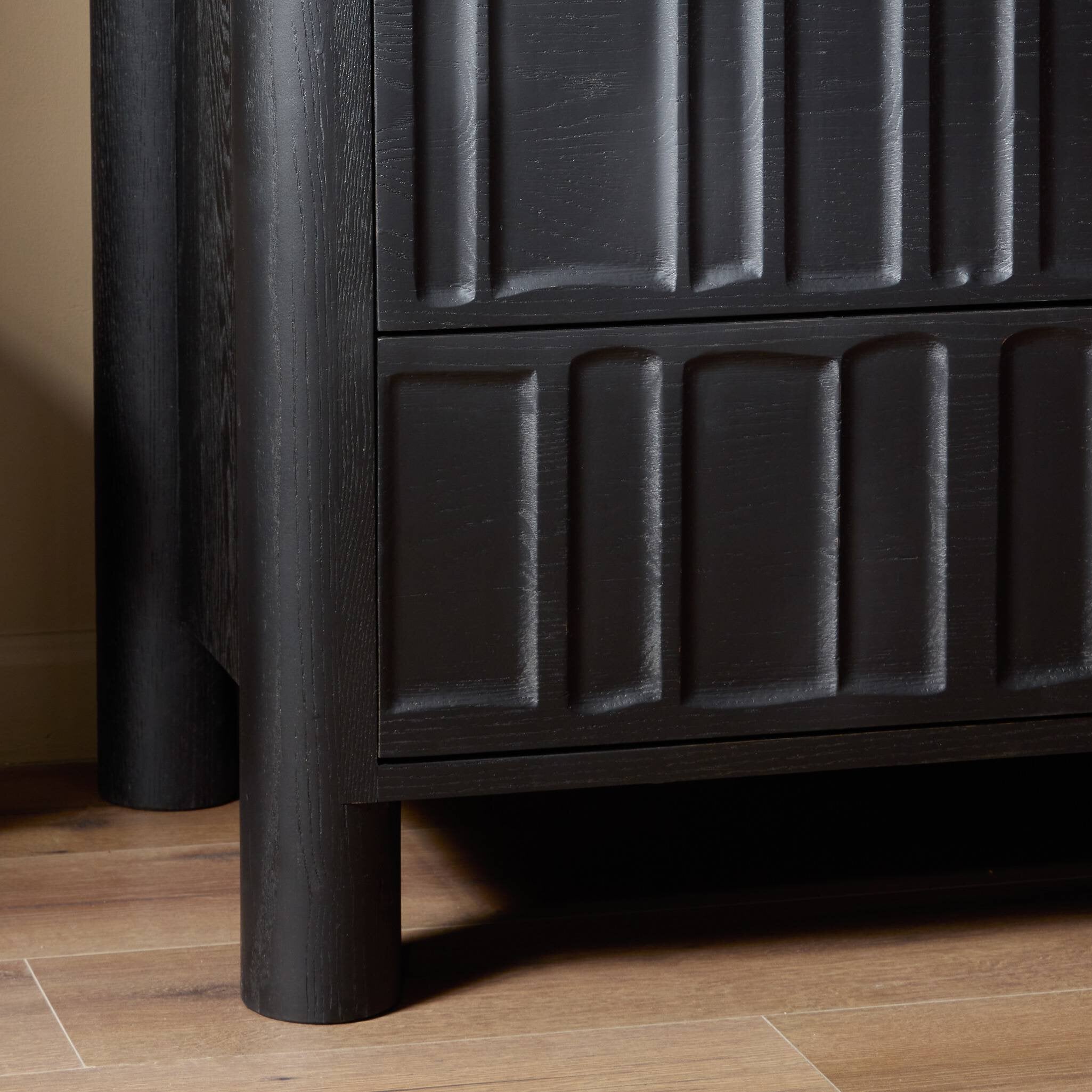 Four Hands Ezri Nightstand — Black Oak-Carved Black Oak