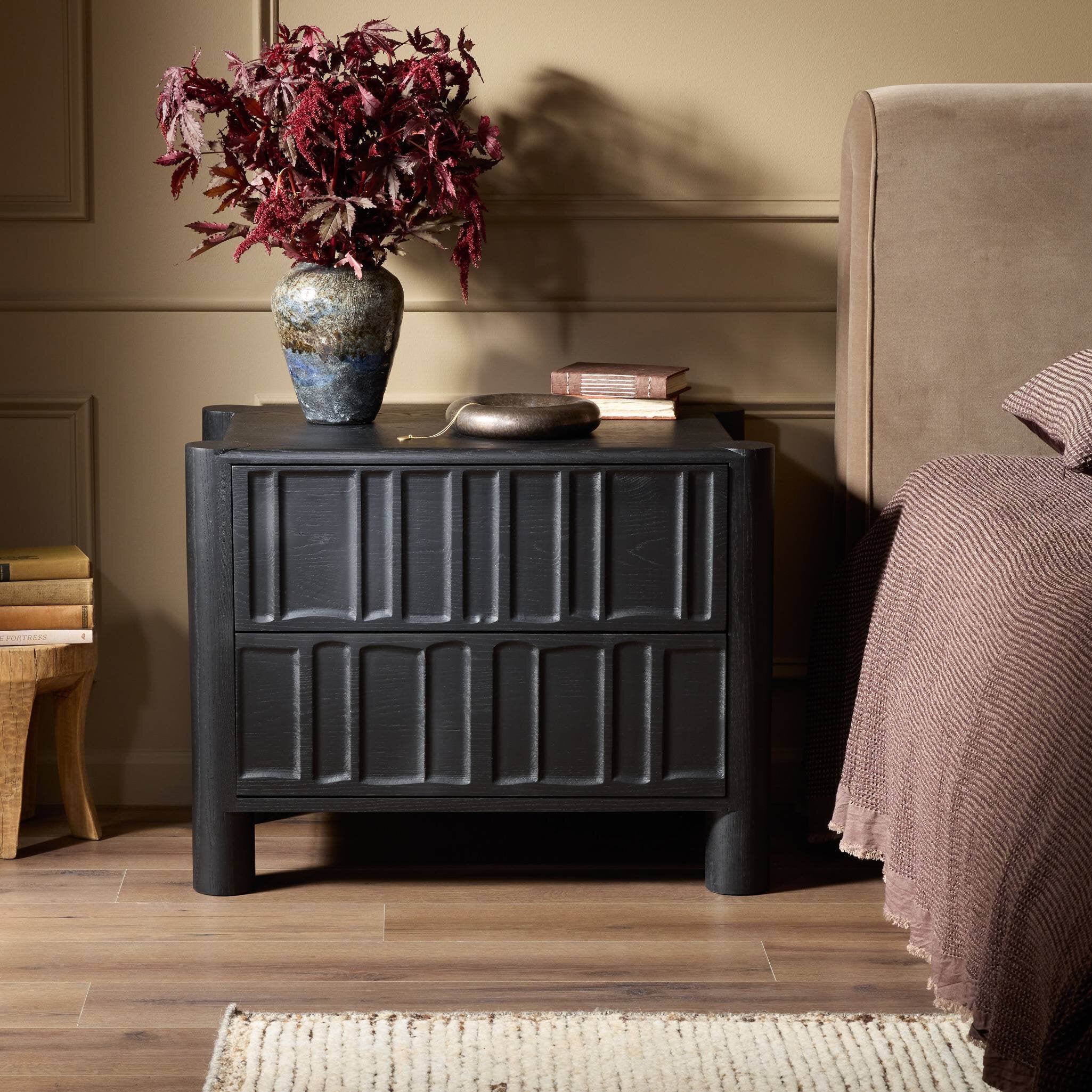 Four Hands Ezri Nightstand — Black Oak-Carved Black Oak