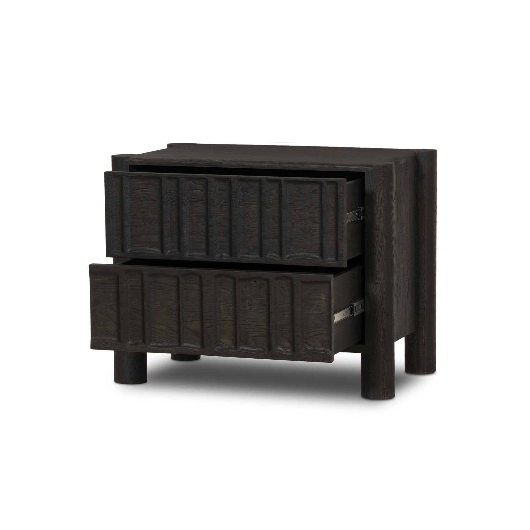 Four Hands Ezri Nightstand — Black Oak-Carved Black Oak