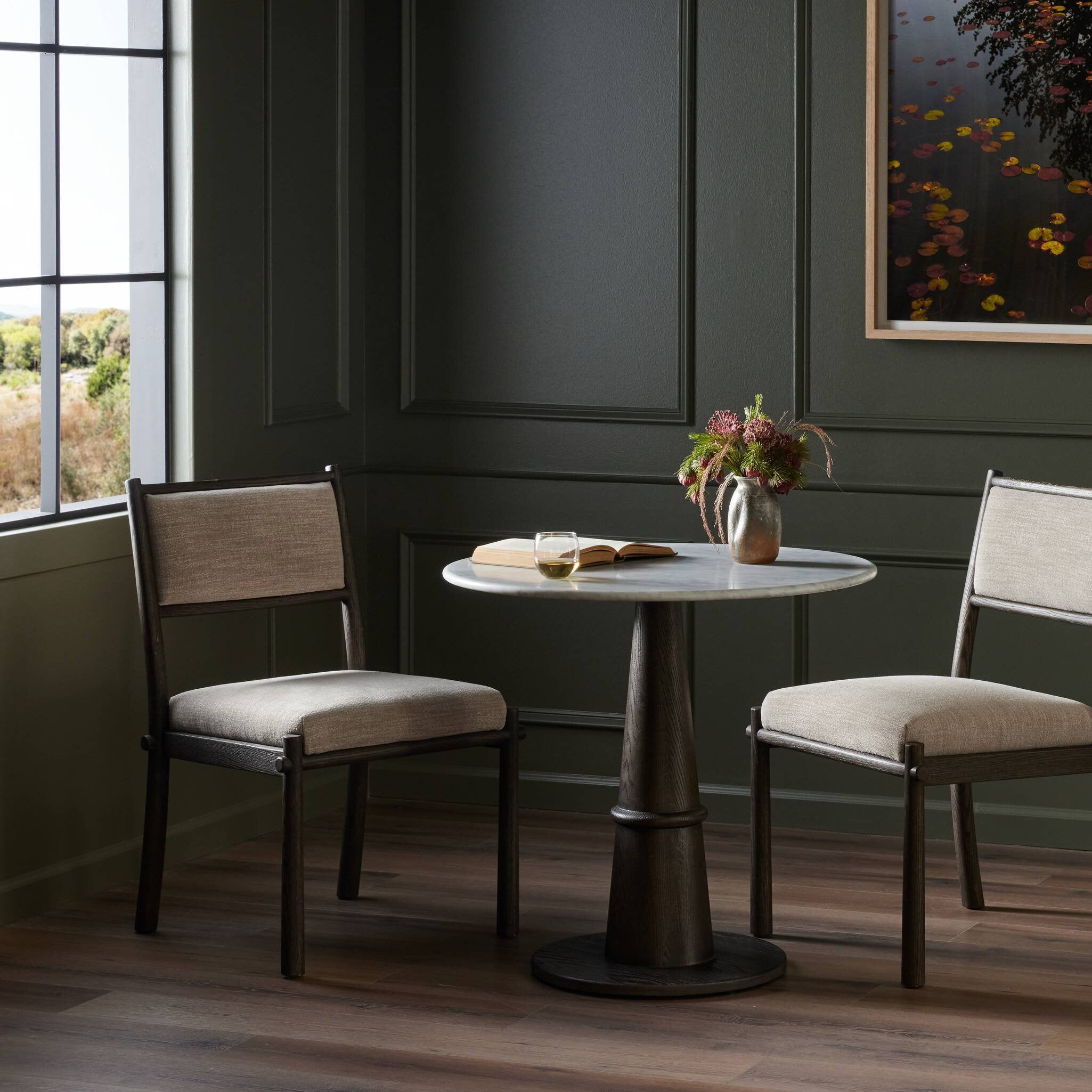 Four Hands Goetz Bistro Table — Honed White Marble-Brown Ash