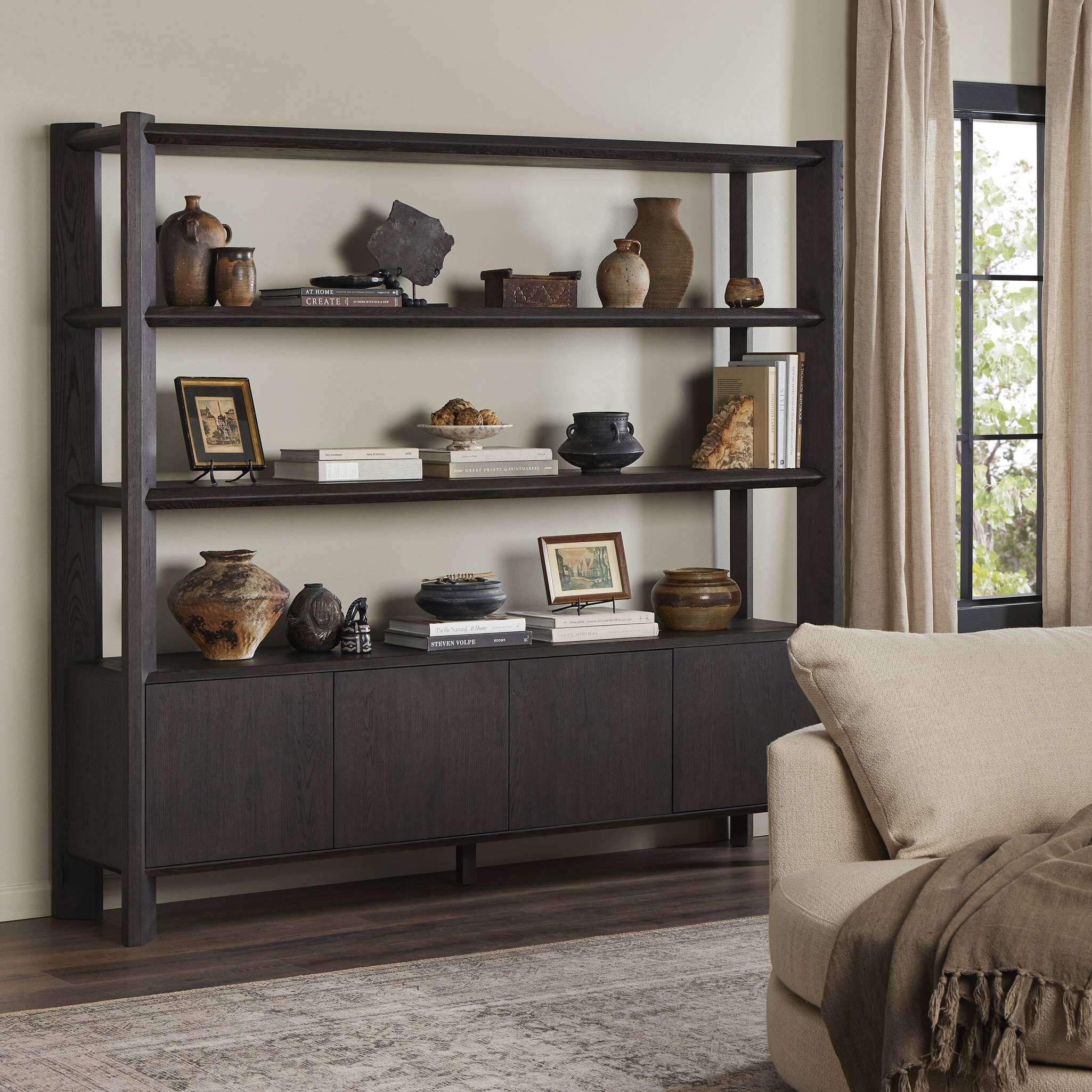 Four Hands Orwin Wide Bookshelf — Smoked Black Oak-Smoked Black Oak Veneer