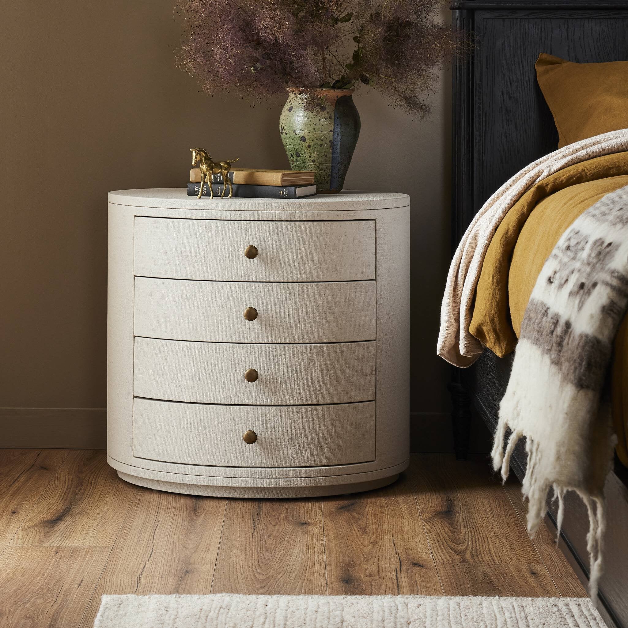 Four Hands Amelia Oval Nightstand — Ivory Painted Linen-Light Antique Brass in Aluminum