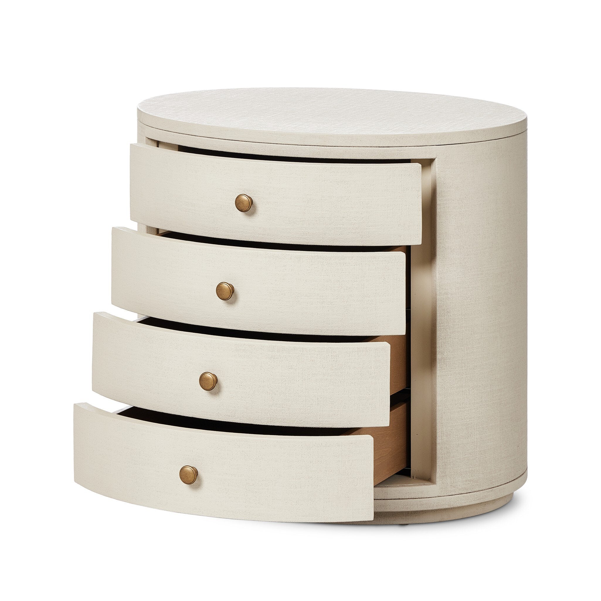 Four Hands Amelia Oval Nightstand — Ivory Painted Linen-Light Antique Brass in Aluminum