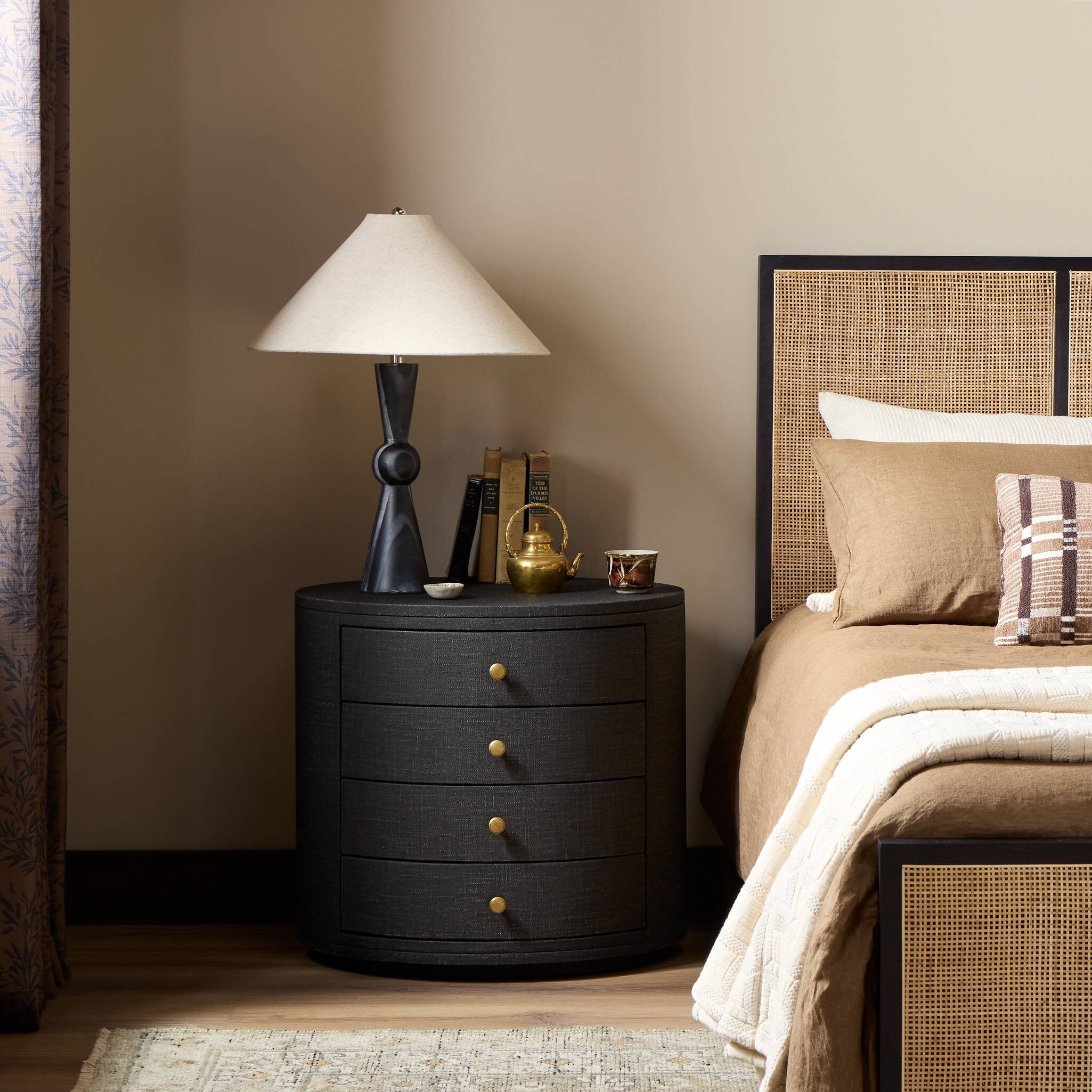 Four Hands Amelia Oval Nightstand — Black Linen-Light Antique Brass in Aluminum