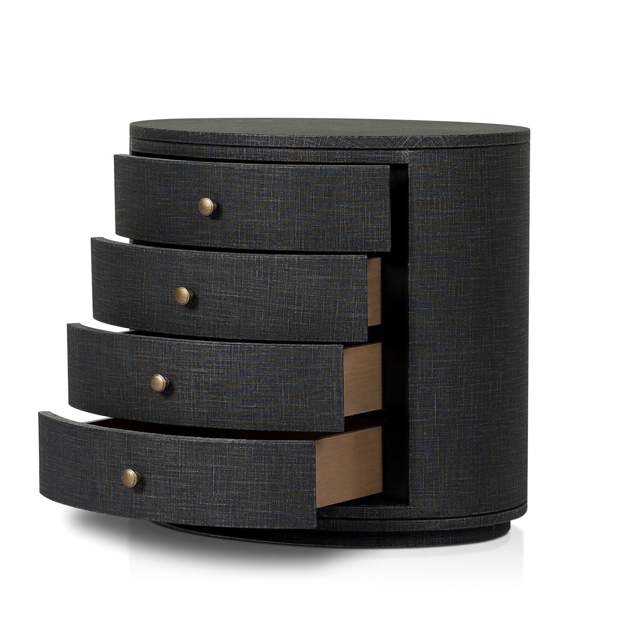 Four Hands Amelia Oval Nightstand — Black Linen-Light Antique Brass in Aluminum