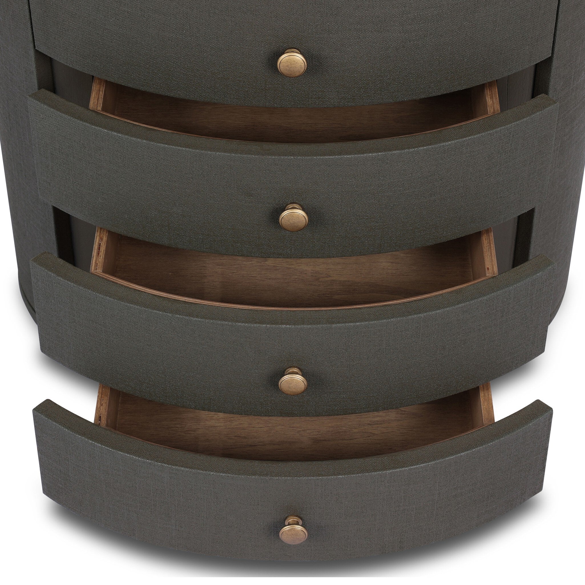 Four Hands Amelia Oval Nightstand — Dark Green Lacquered Linen-Light Antique Brass in Aluminum