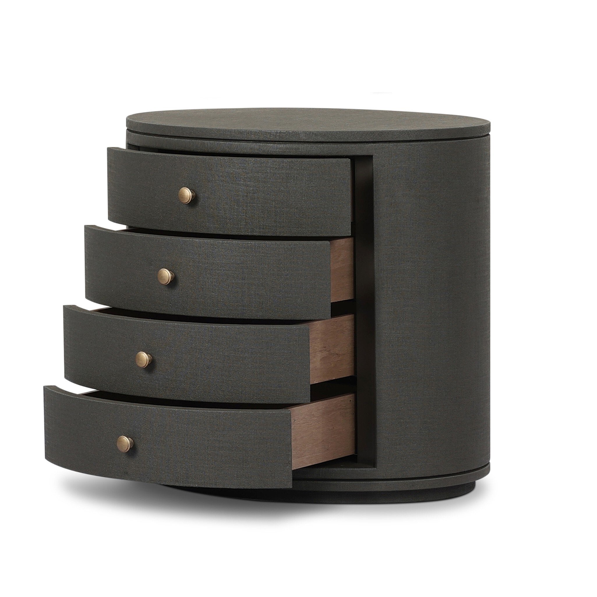 Four Hands Amelia Oval Nightstand — Dark Green Lacquered Linen-Light Antique Brass in Aluminum