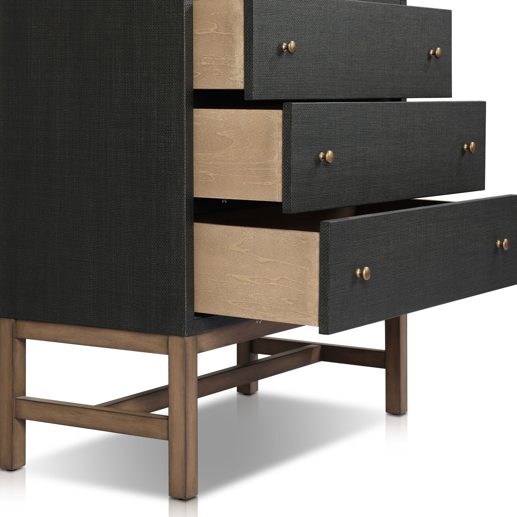 Four Hands Fiona Tall Dresser — Black Raffia-Russet Mahogany-Light Antique Brass