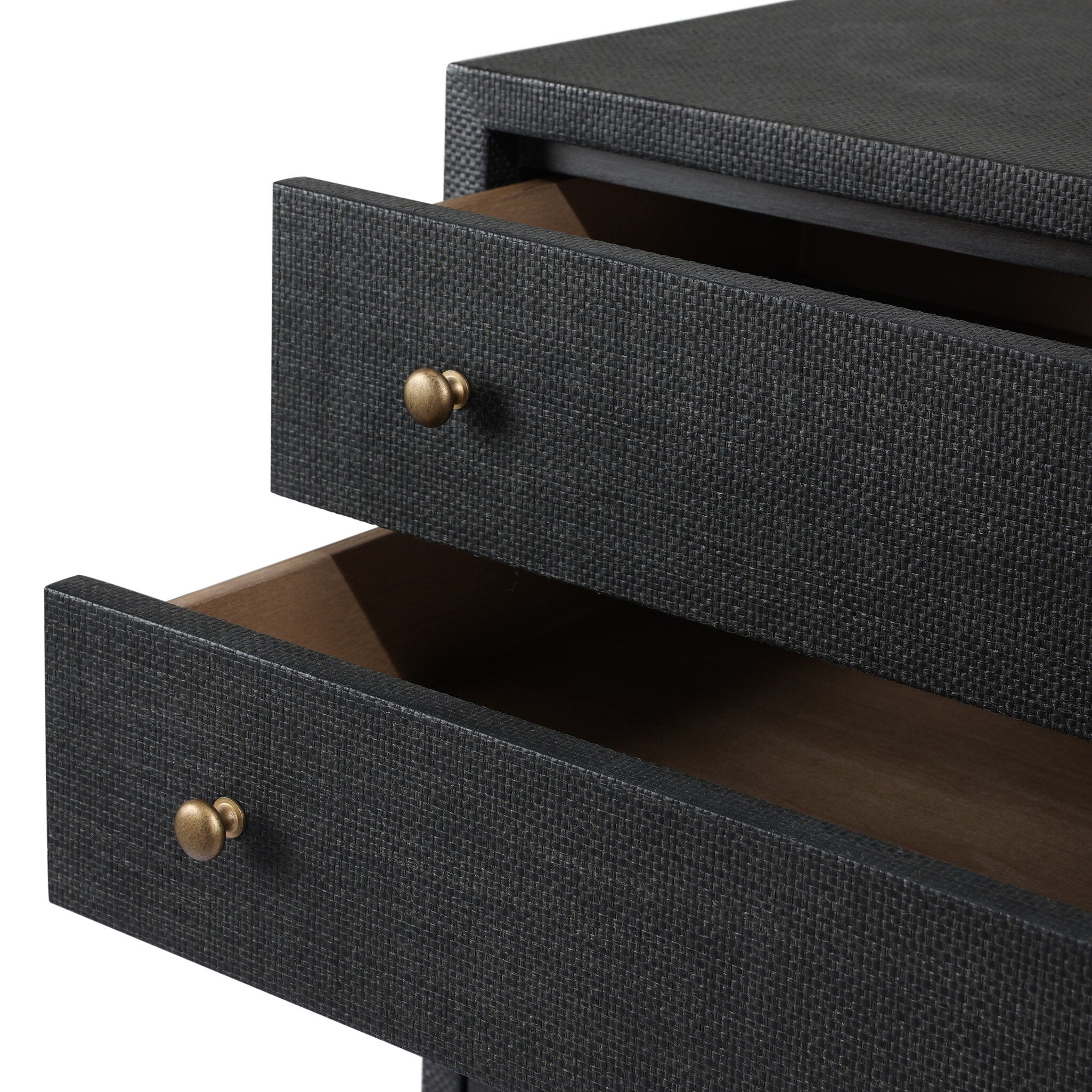 Four Hands Fiona Tall Dresser — Black Raffia-Russet Mahogany-Light Antique Brass