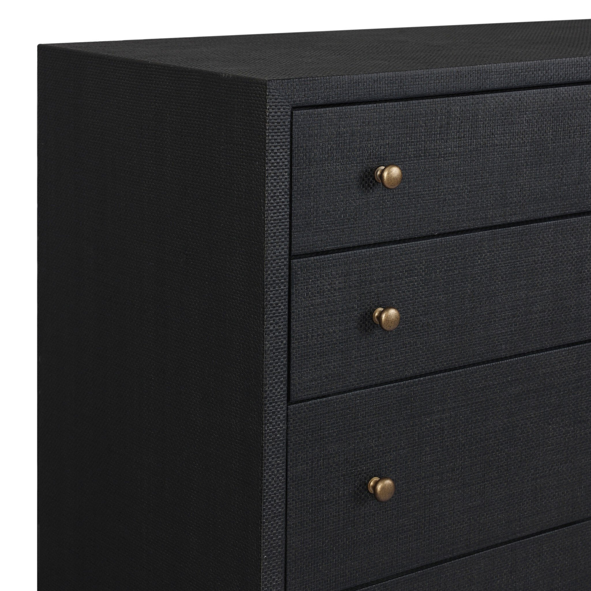 Four Hands Fiona Tall Dresser — Black Raffia-Russet Mahogany-Light Antique Brass