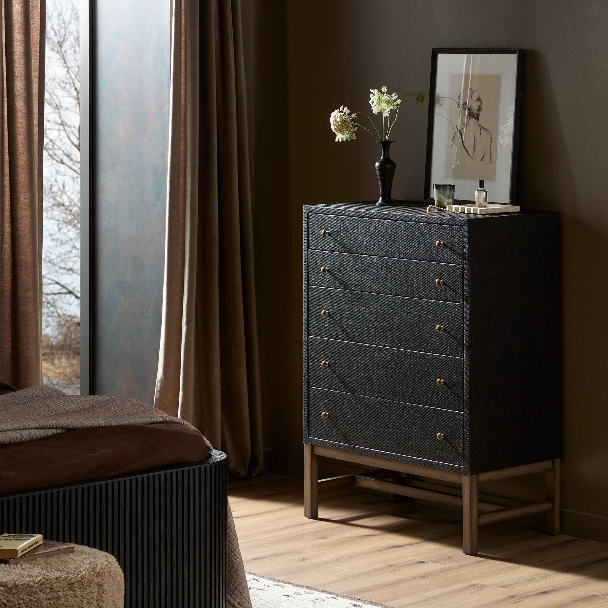 Four Hands Fiona Tall Dresser — Black Raffia-Russet Mahogany-Light Antique Brass