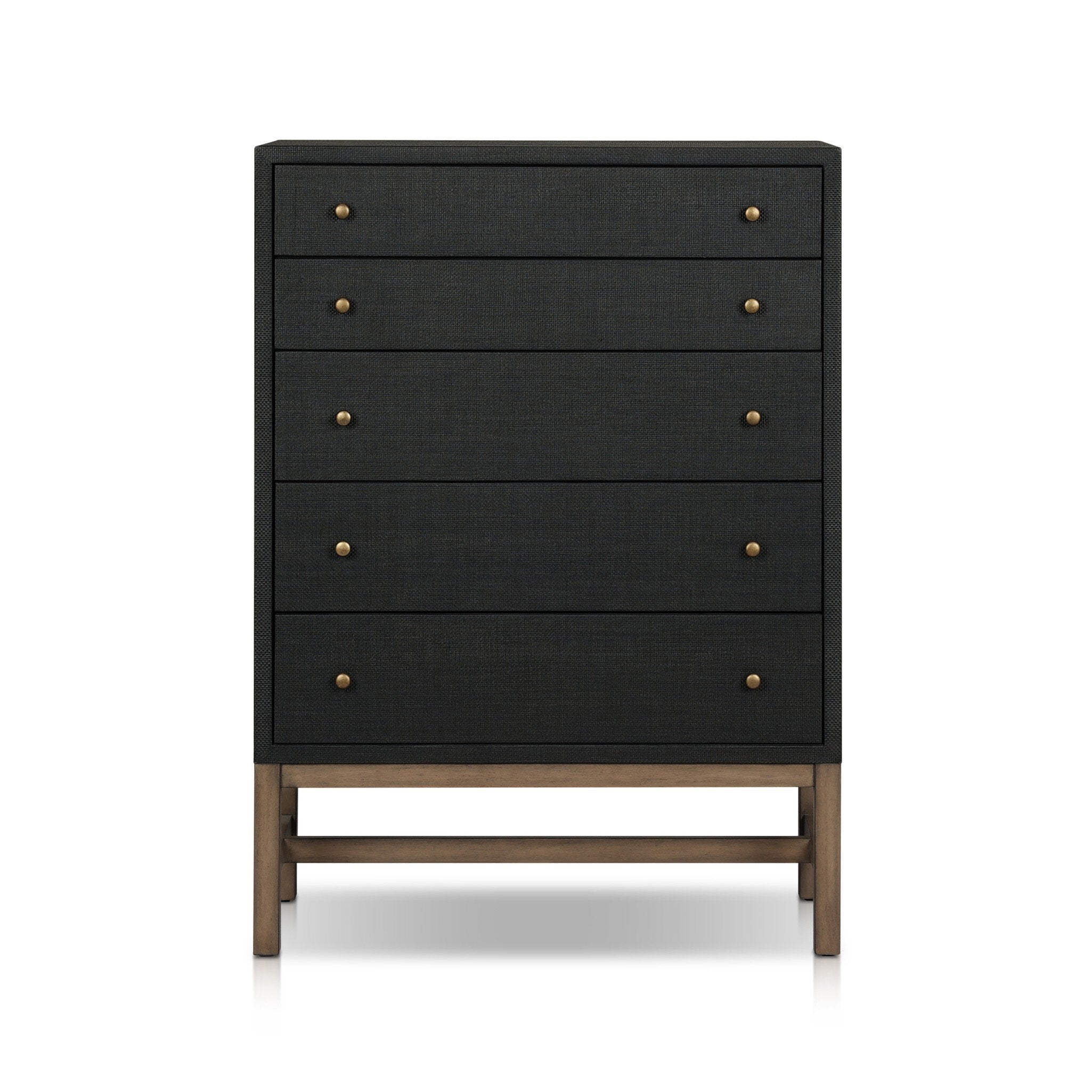 Four Hands Fiona Tall Dresser — Black Raffia-Russet Mahogany-Light Antique Brass