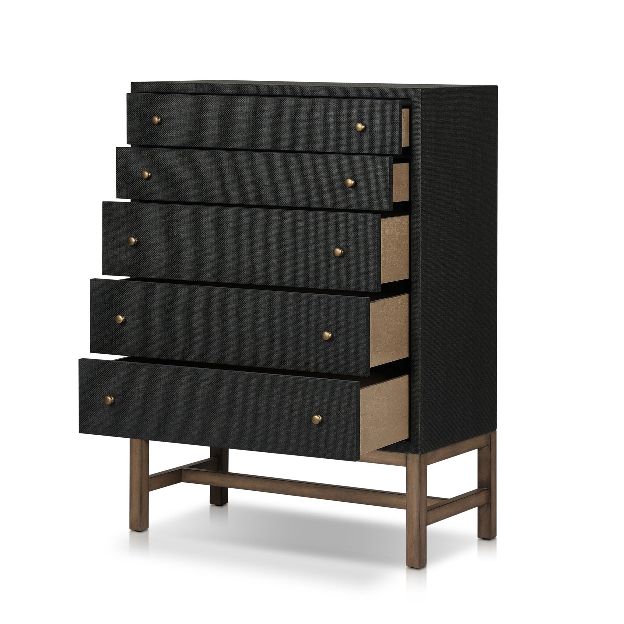 Four Hands Fiona Tall Dresser — Black Raffia-Russet Mahogany-Light Antique Brass