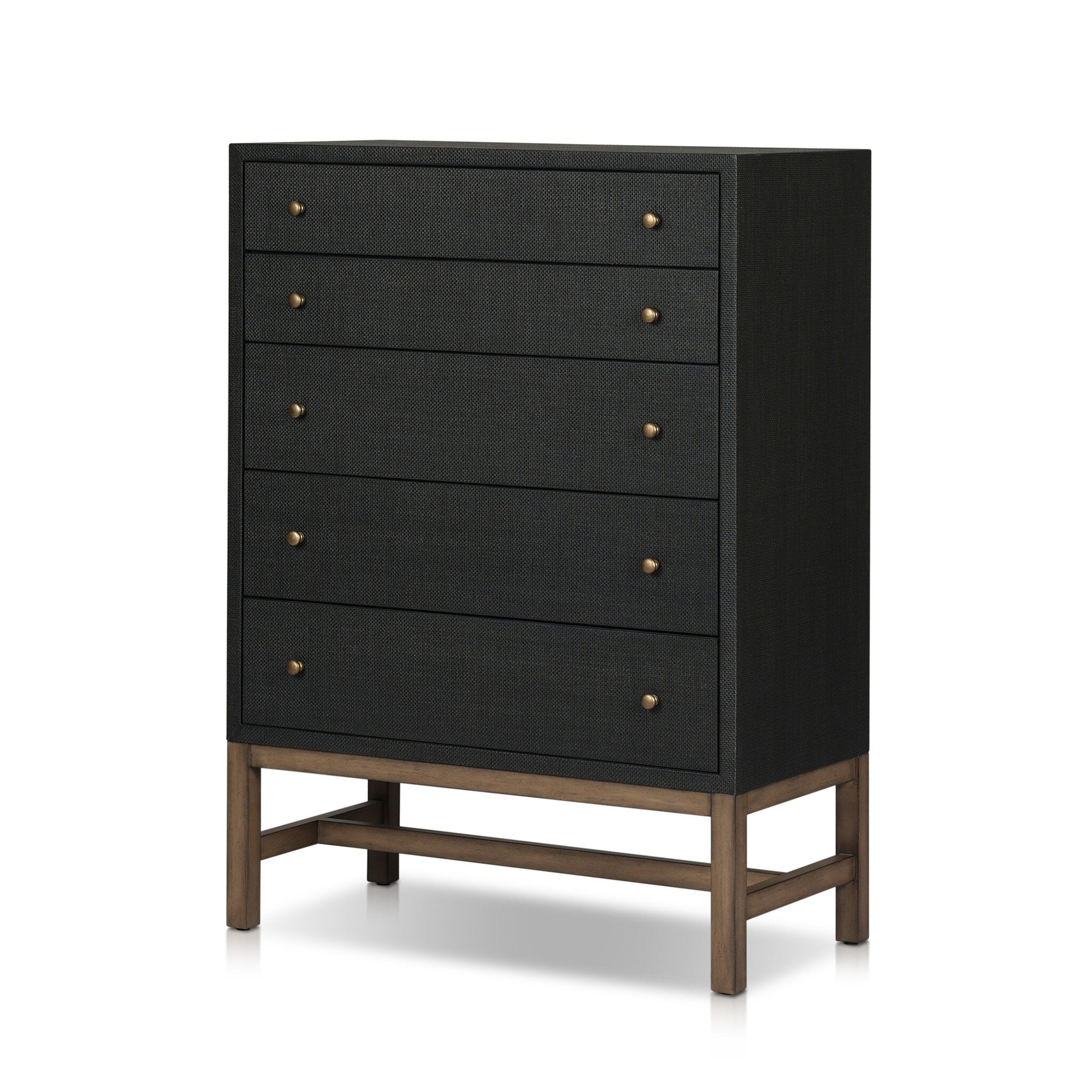 Four Hands Fiona Tall Dresser — Black Raffia-Russet Mahogany-Light Antique Brass