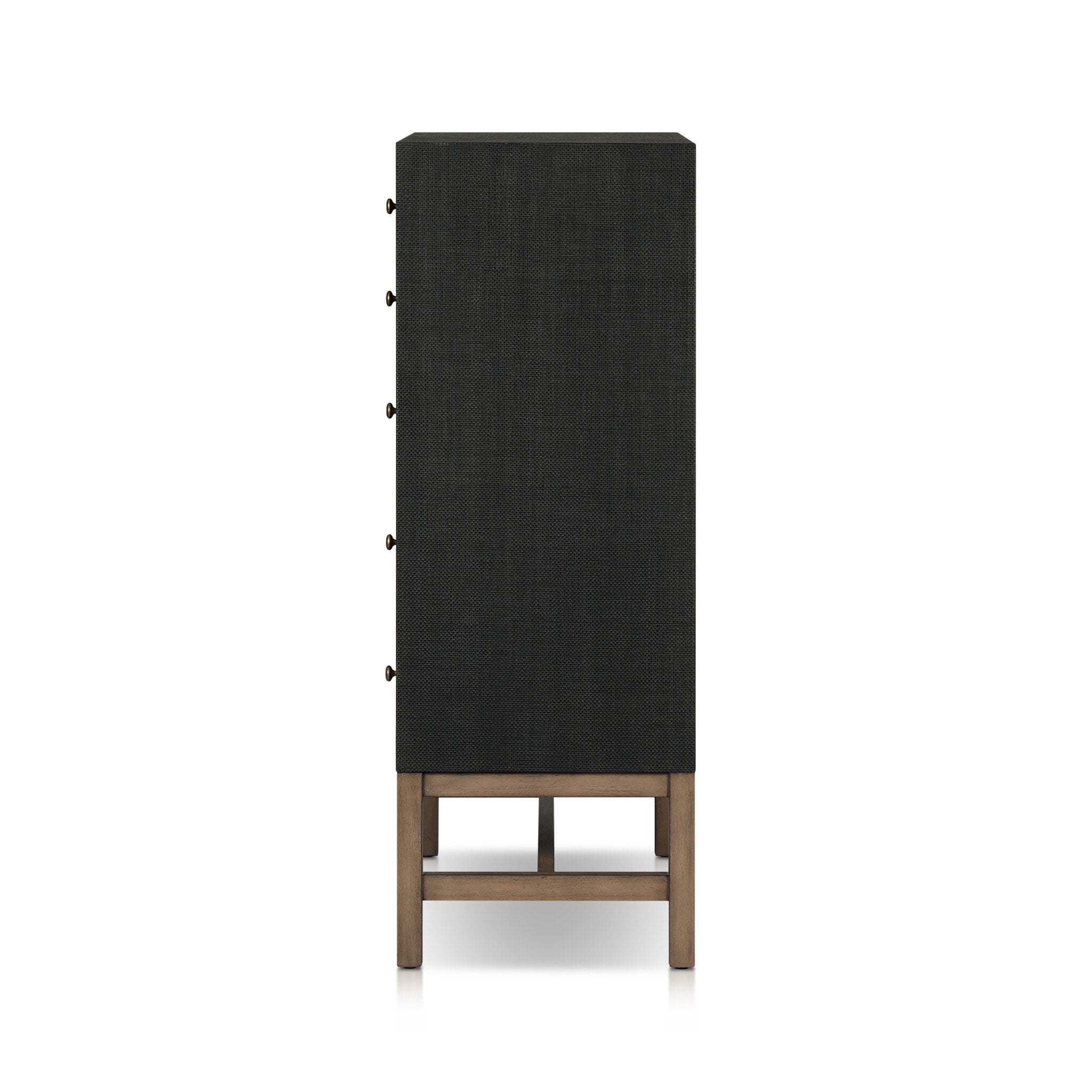 Four Hands Fiona Tall Dresser — Black Raffia-Russet Mahogany-Light Antique Brass