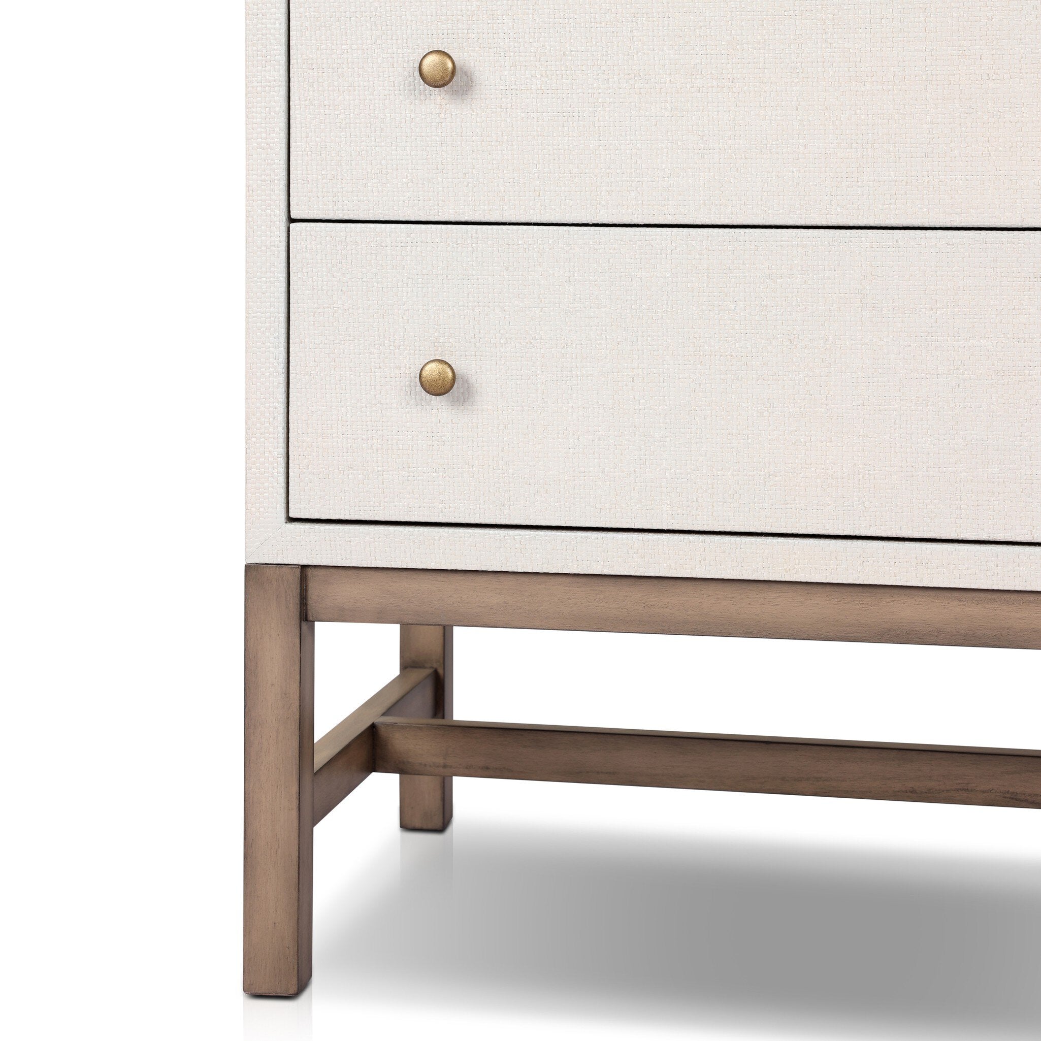 Four Hands Fiona Tall Dresser — Ivory Painted Raffia-Russet Mahogany-Light Antique Brass