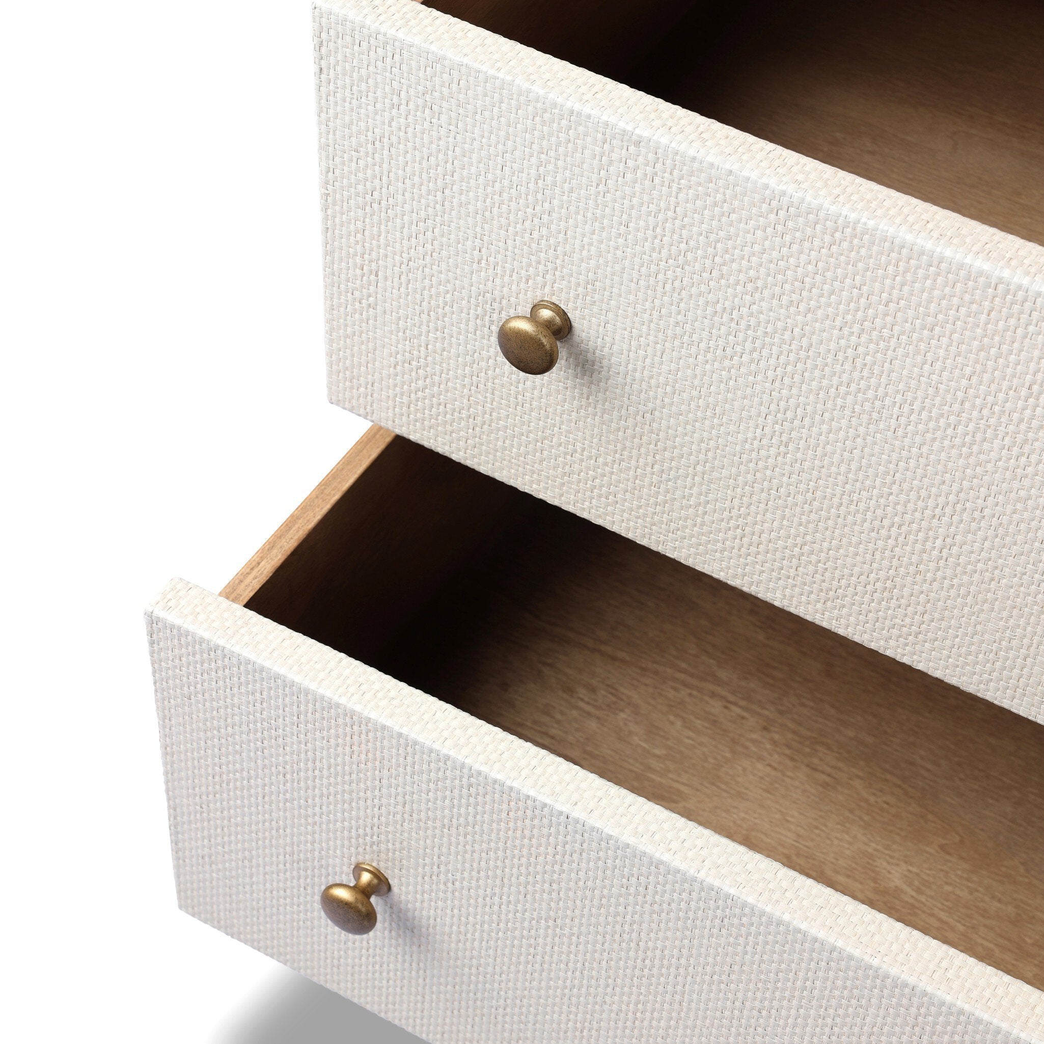 Four Hands Fiona Tall Dresser — Ivory Painted Raffia-Russet Mahogany-Light Antique Brass
