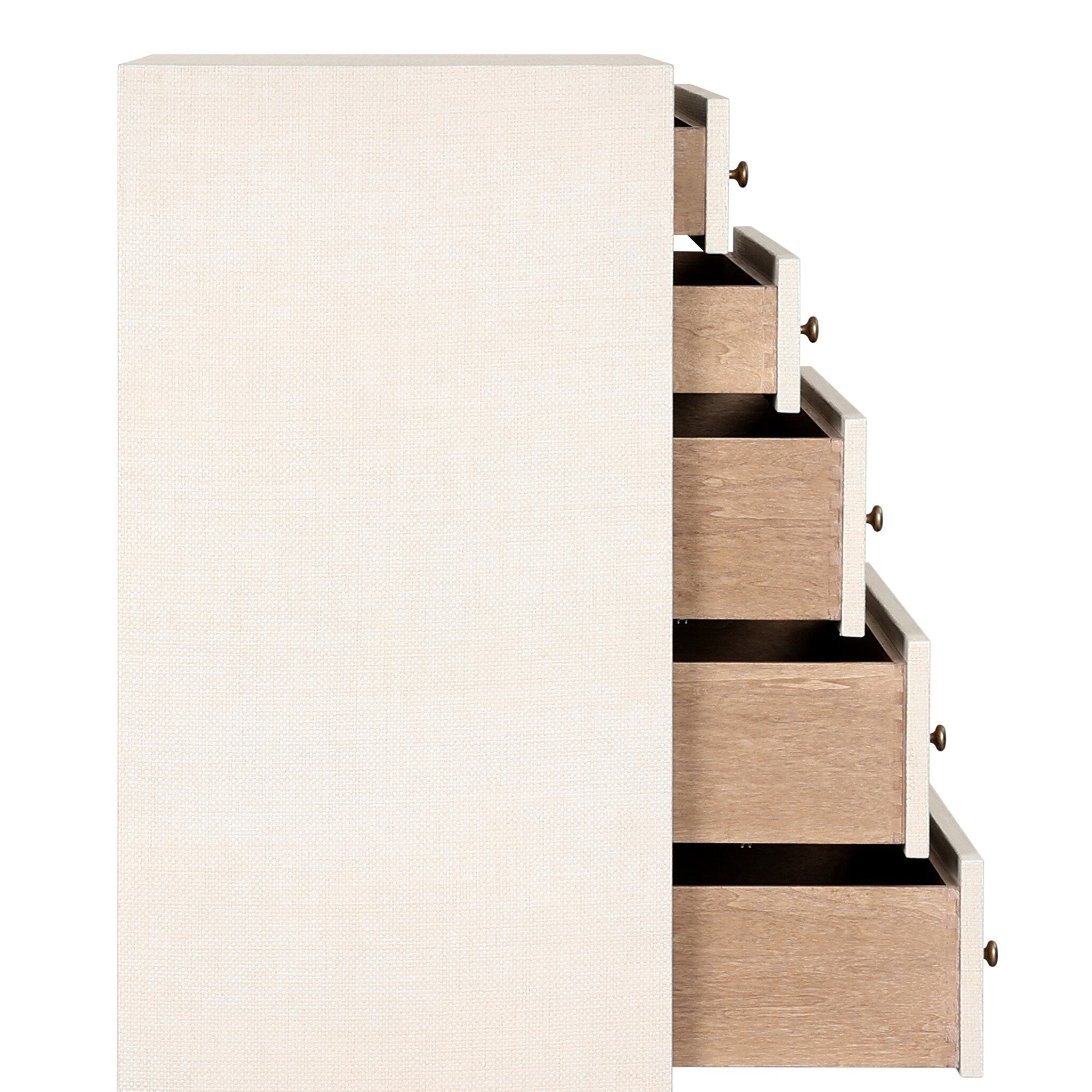 Four Hands Fiona Tall Dresser — Ivory Painted Raffia-Russet Mahogany-Light Antique Brass