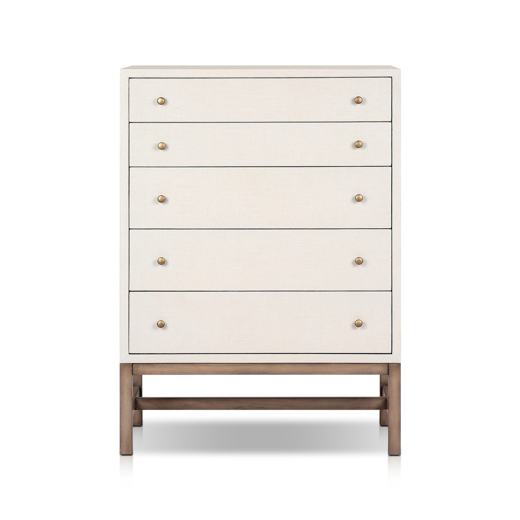 Four Hands Fiona Tall Dresser — Ivory Painted Raffia-Russet Mahogany-Light Antique Brass