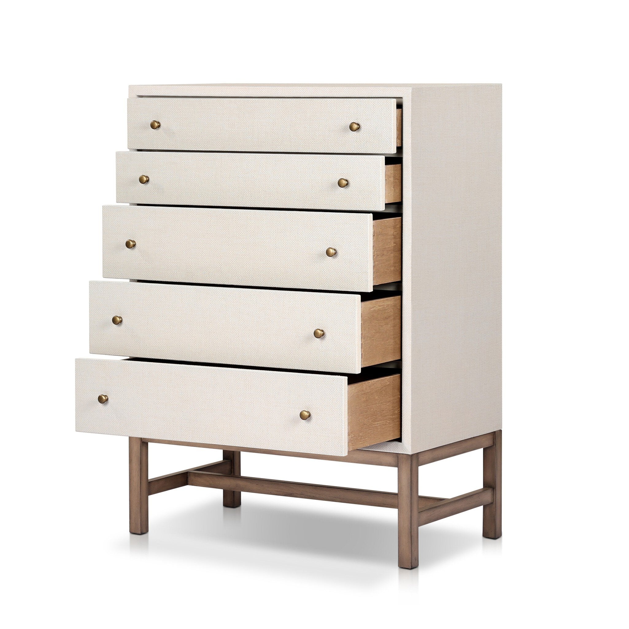 Four Hands Fiona Tall Dresser — Ivory Painted Raffia-Russet Mahogany-Light Antique Brass