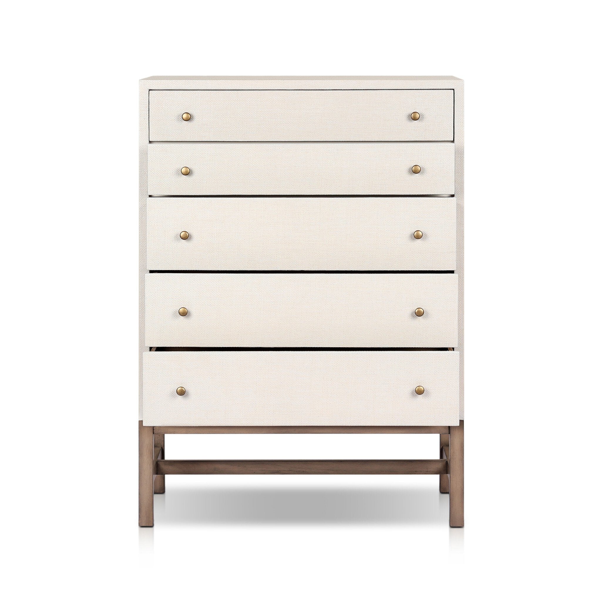Four Hands Fiona Tall Dresser — Ivory Painted Raffia-Russet Mahogany-Light Antique Brass