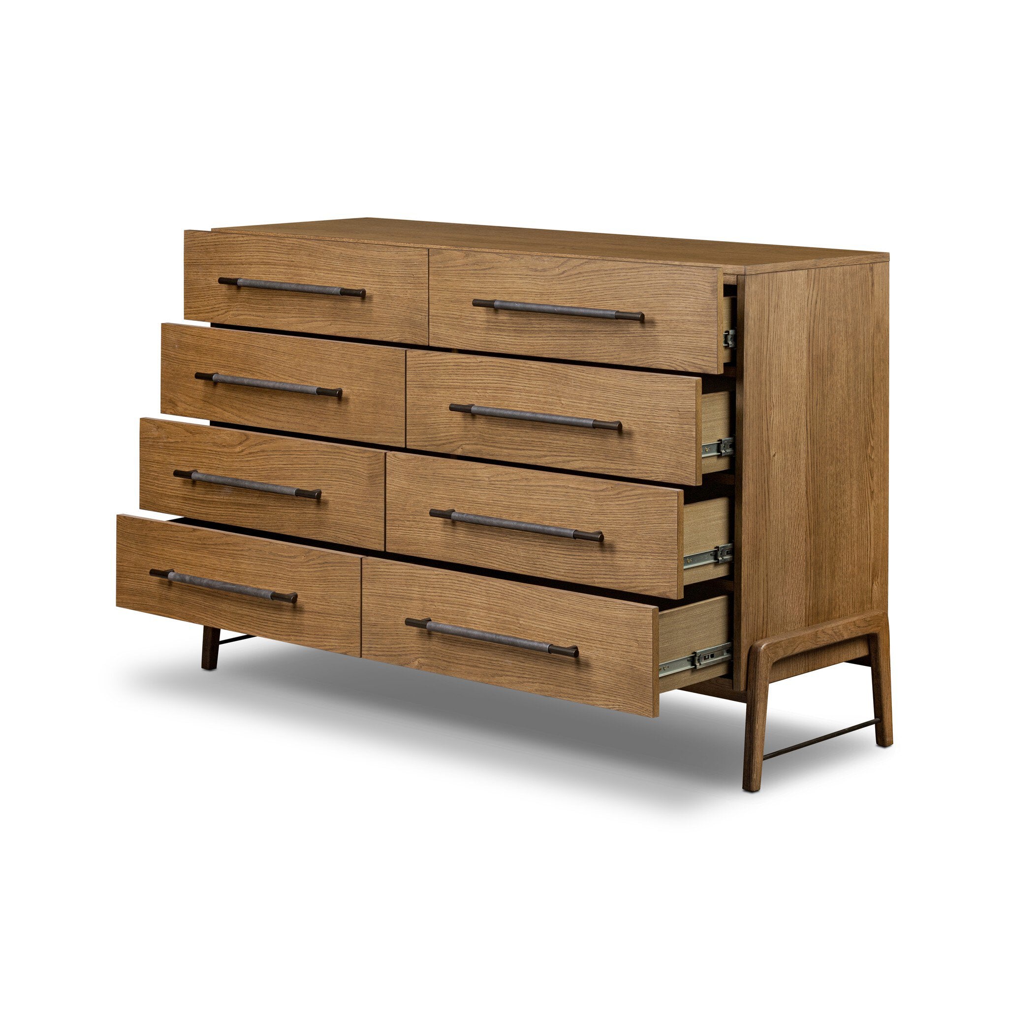 Four Hands Rosedale 8 Drawer Dresser — Amber Oak-Chaps Ebony-Burnished Bronze