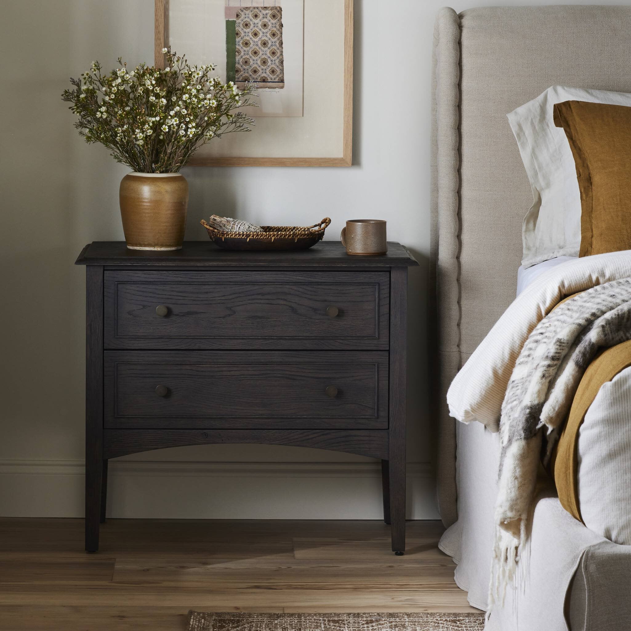 Four Hands Maggie Nightstand — Smoked Black Oak-Smoked Black Oak Veneer-Bronze Antimony