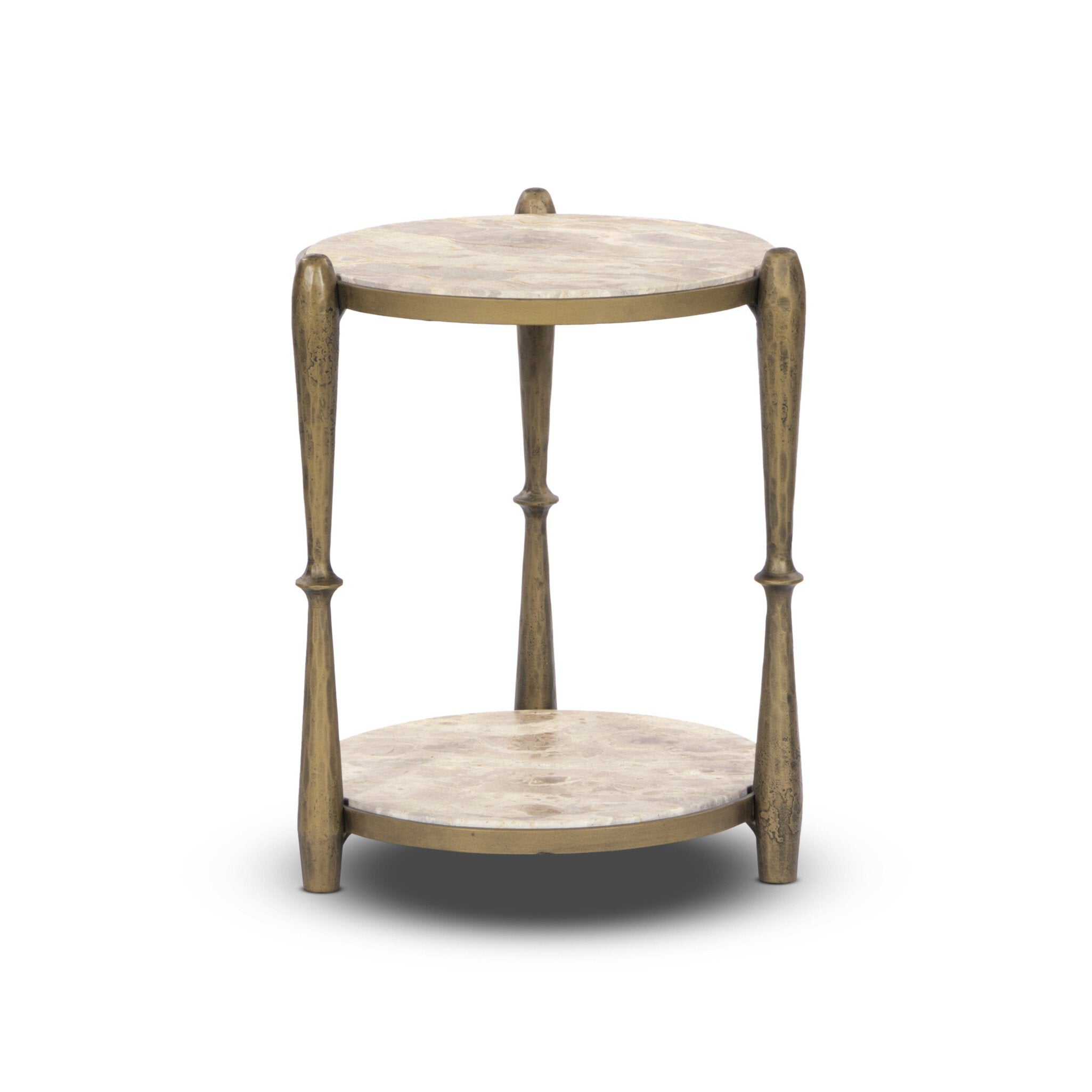 Four Hands Ruthie End Table — Fossil Marble-Tapered Hammered Aged Brass