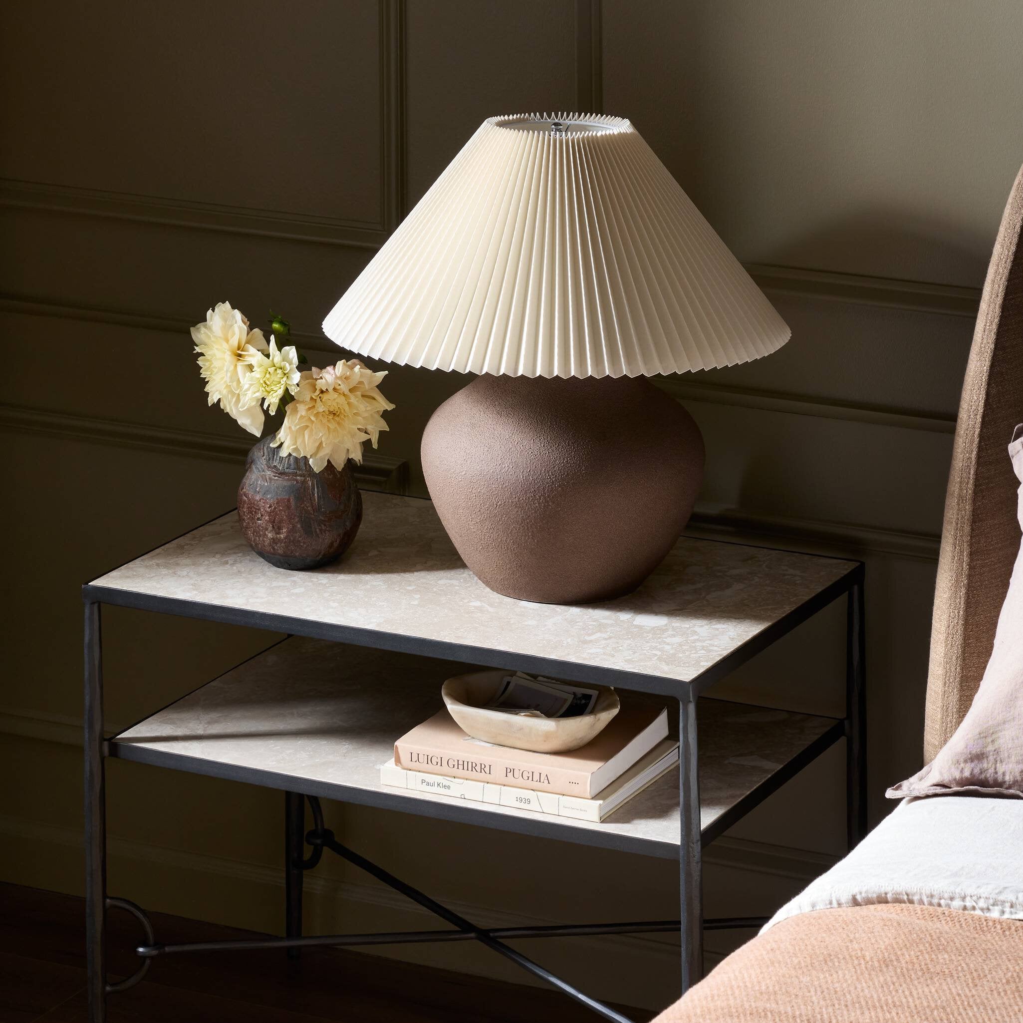 Four Hands Parma Table Lamp — Textured Dark Sand Porcelain-Pleated Ivory Linen