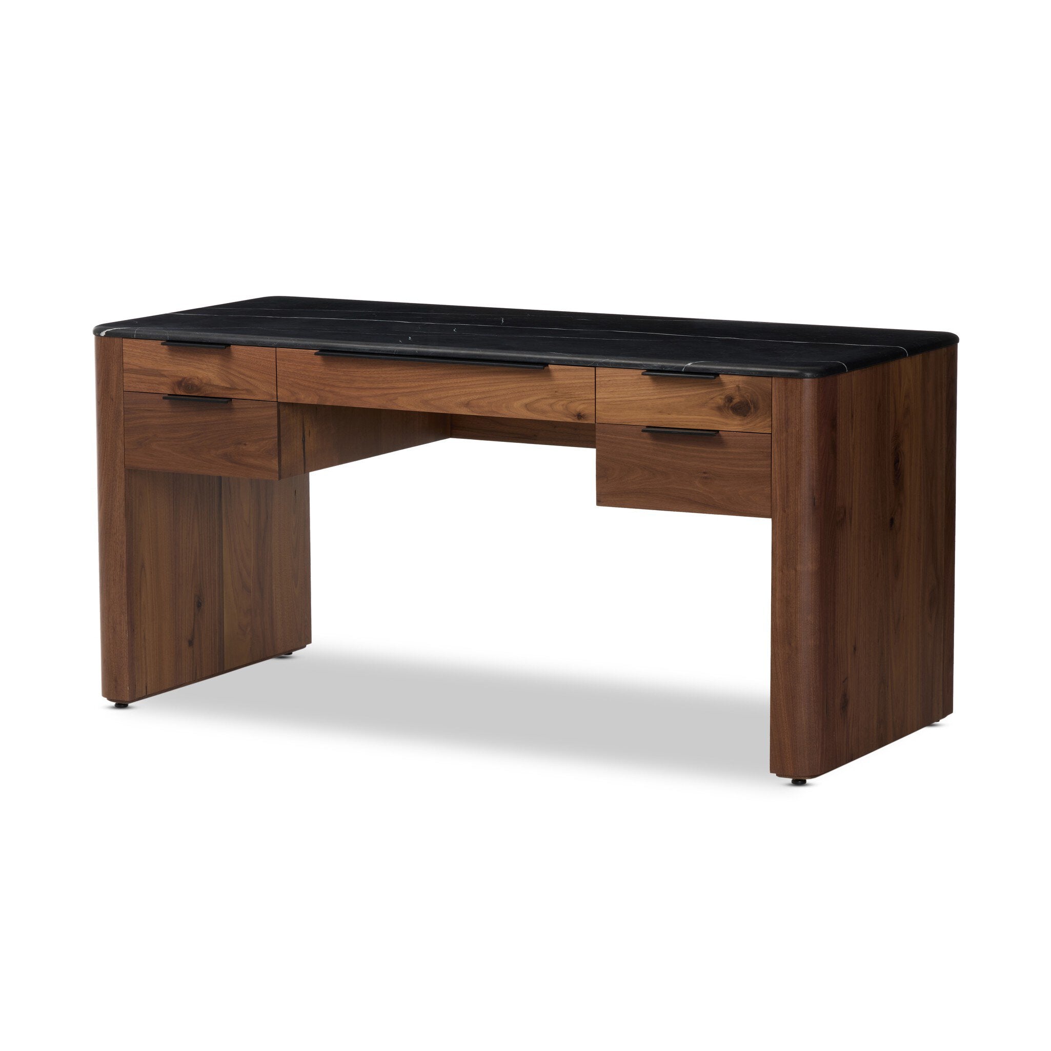 Four Hands Tatum Desk — Walnut Natural-Black Marble-Black Steel