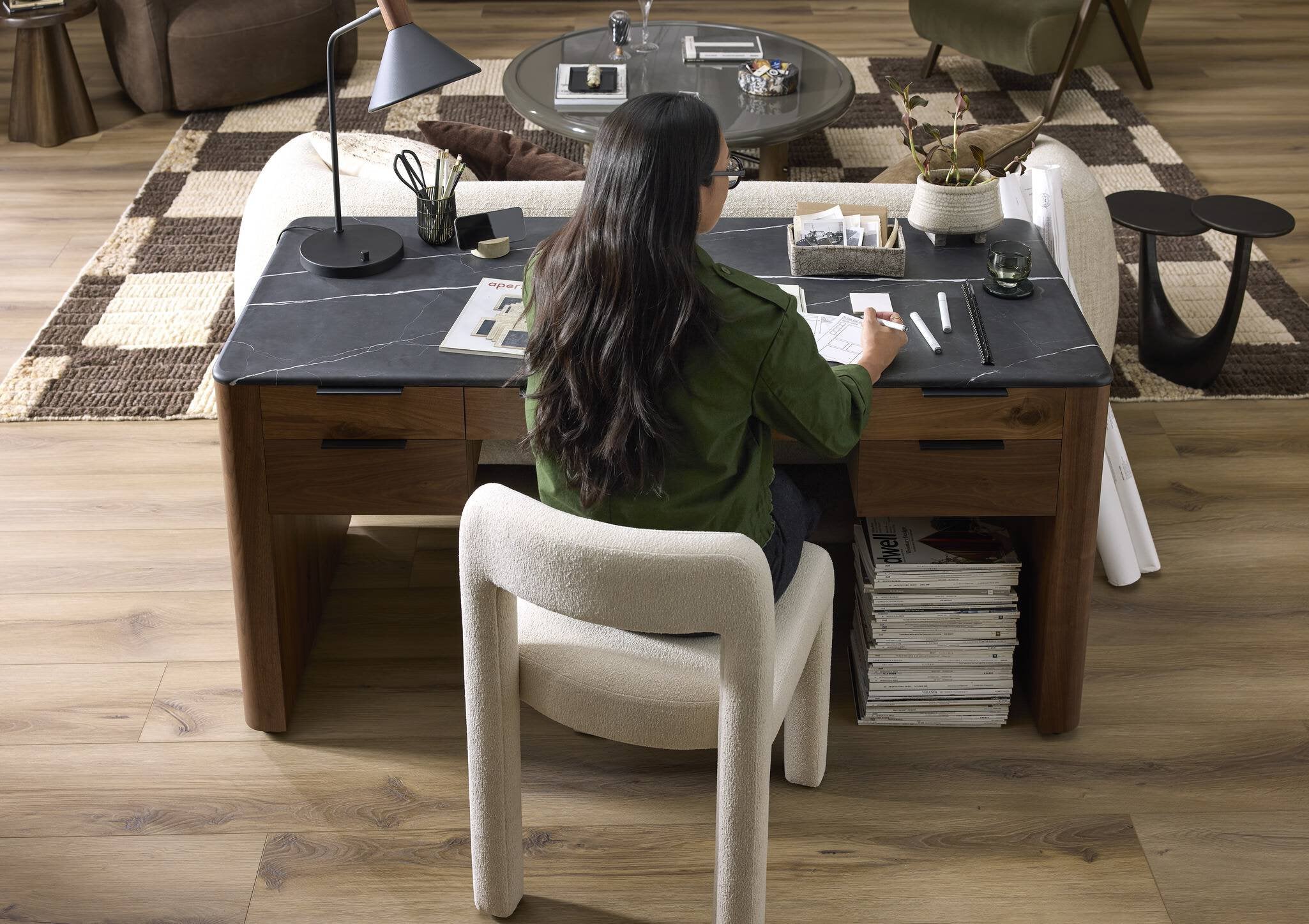 Four Hands Tatum Desk — Walnut Natural-Black Marble-Black Steel