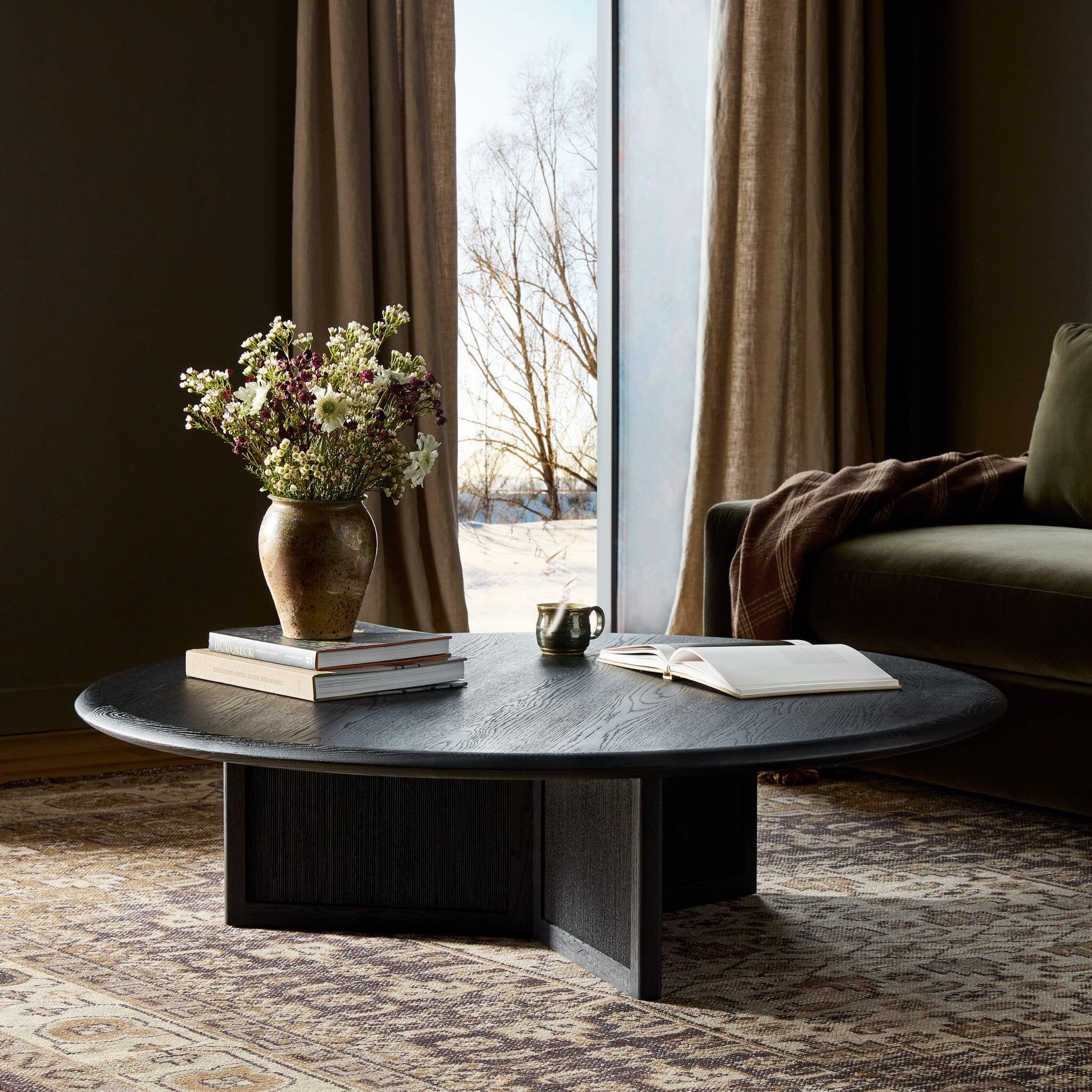 Four Hands Rosenell Round Coffee Table — Black Oak Veneer-Black Oak Solid-Black Paper Cord