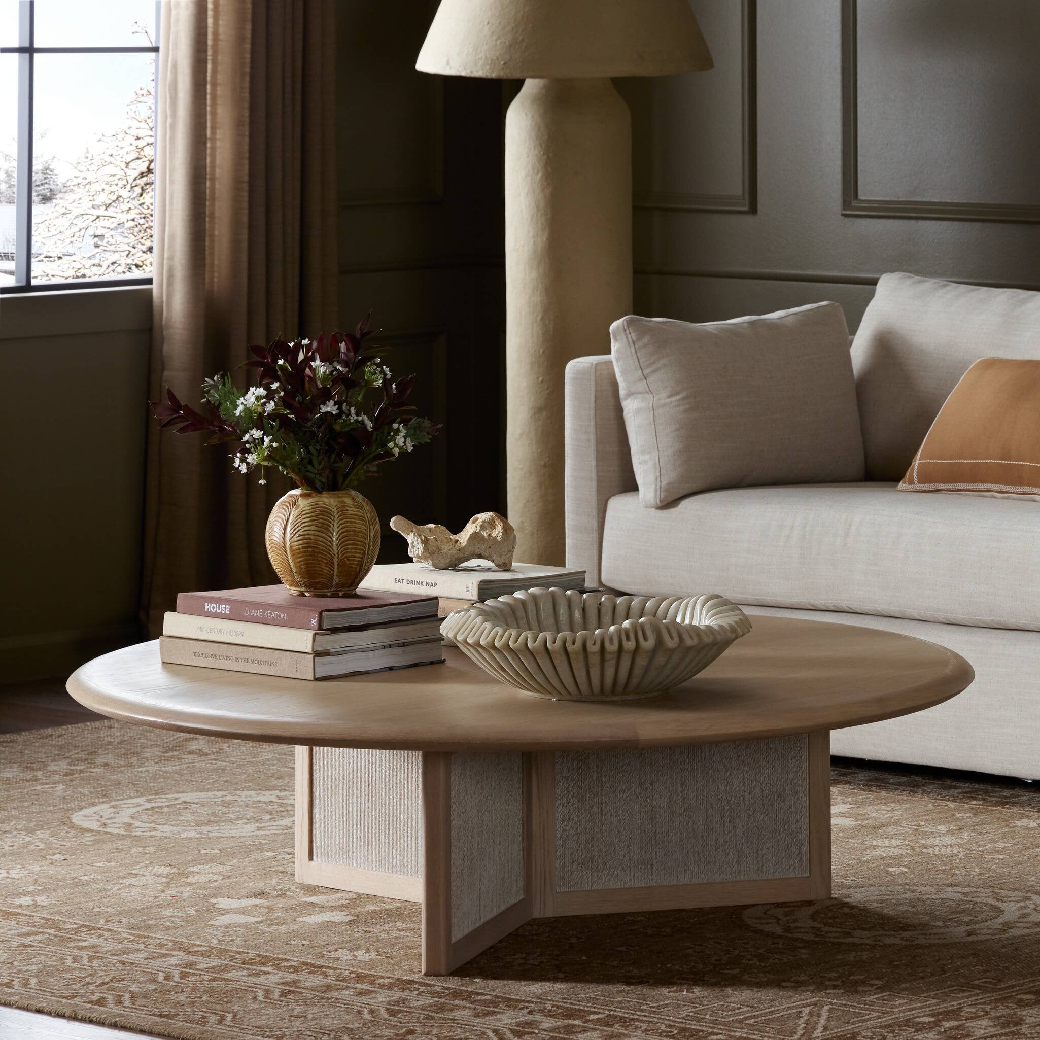 Four Hands Rosenell Round Coffee Table — Natural Oak Veneer-Natural Oak Solid-Natural Paper Cord