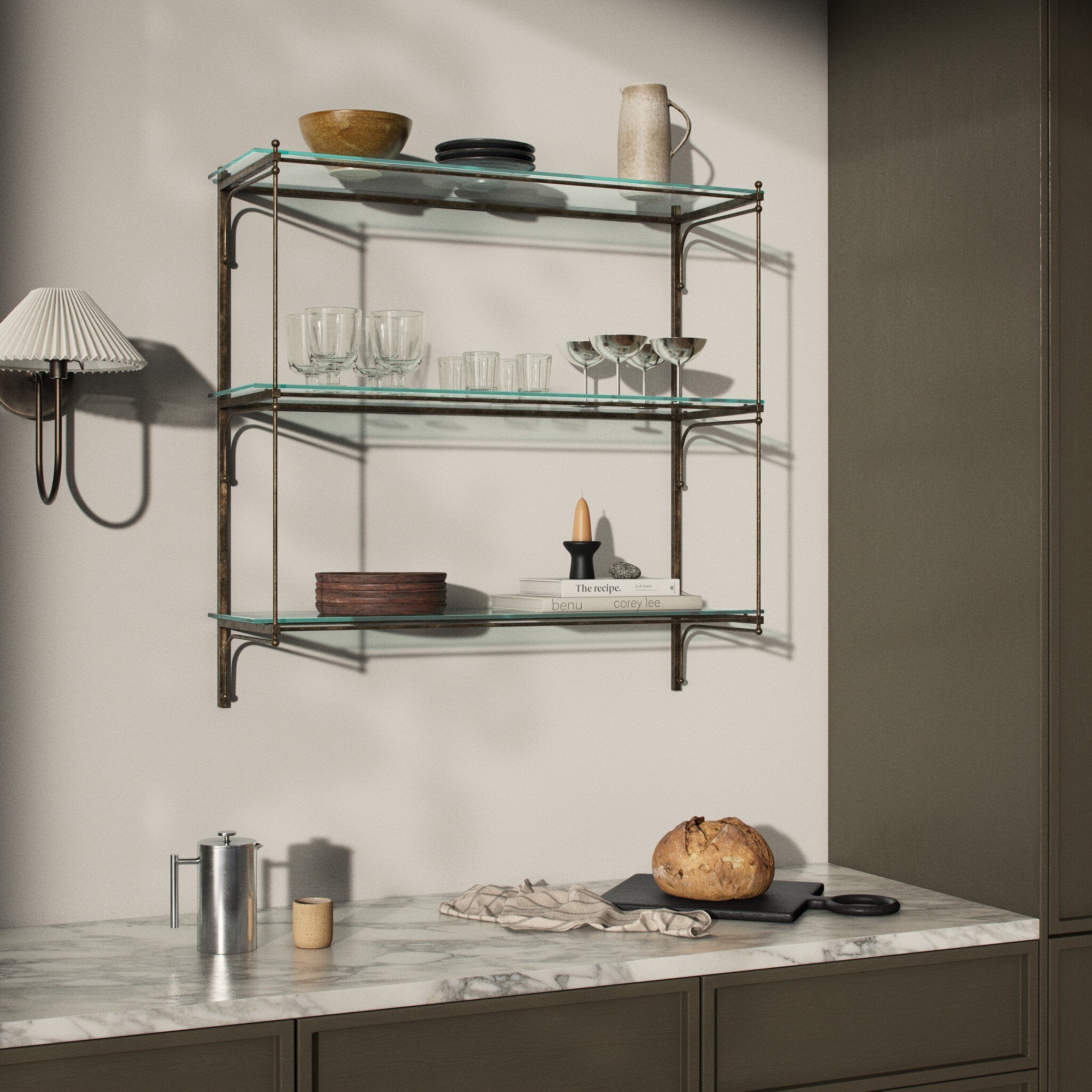 Four Hands Romilly Shelves — Brushed Iron-Tempered Glass