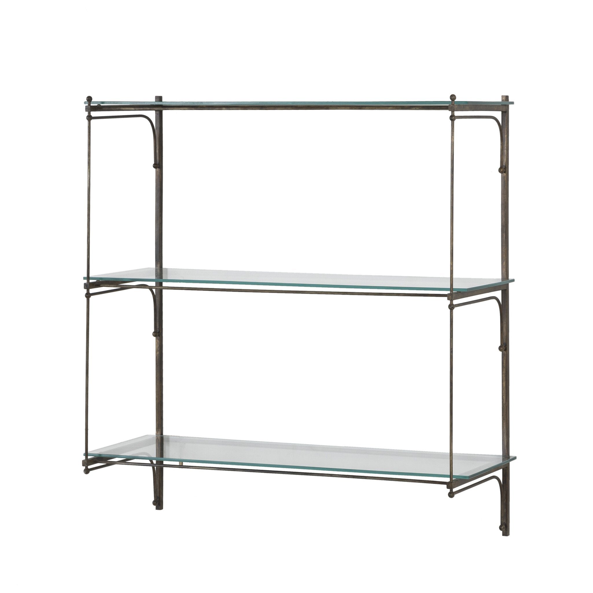 Four Hands Romilly Shelves — Brushed Iron-Tempered Glass