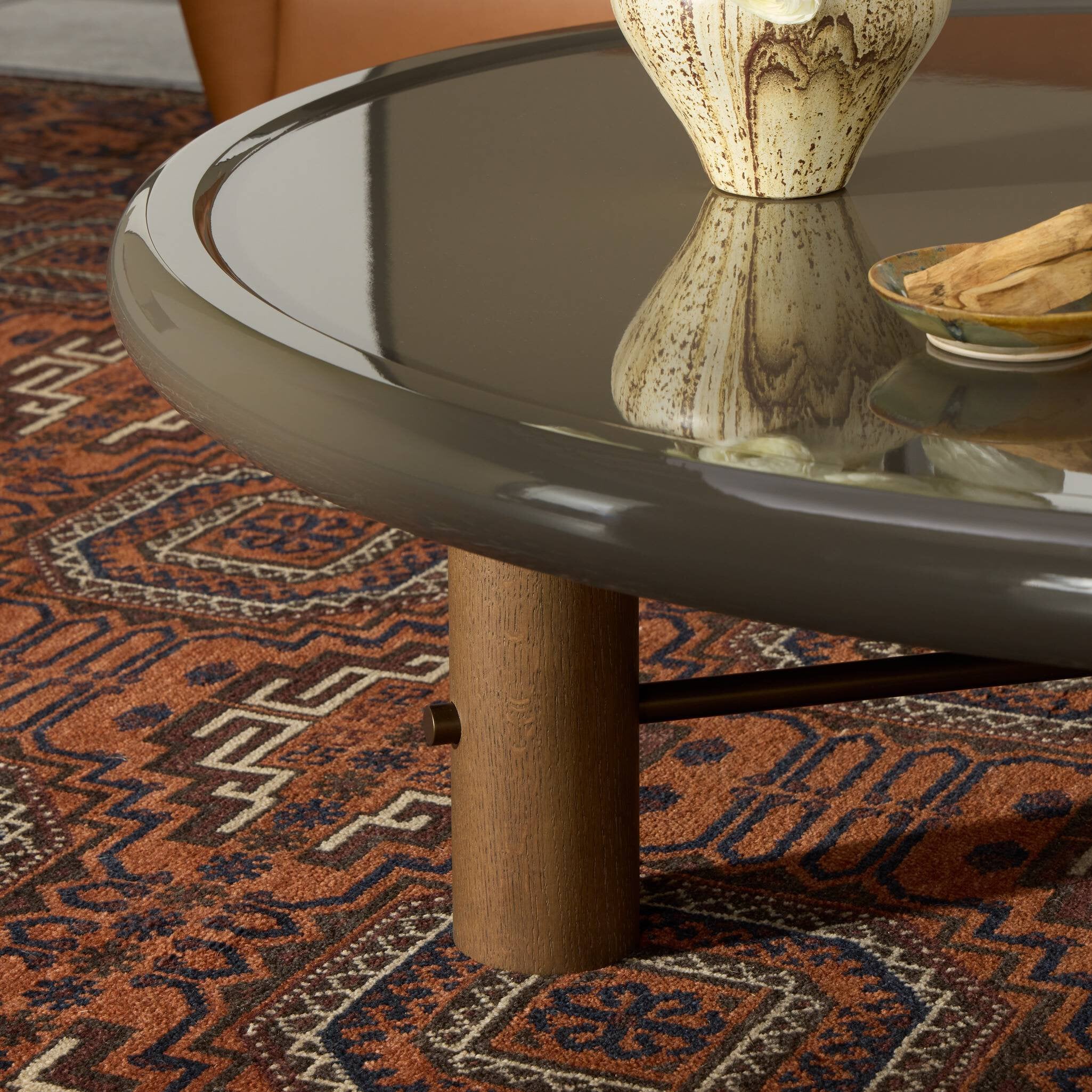 Four Hands Zia Coffee Table — Olive Lacquer-Umber Oak Solid-Polished Bronze