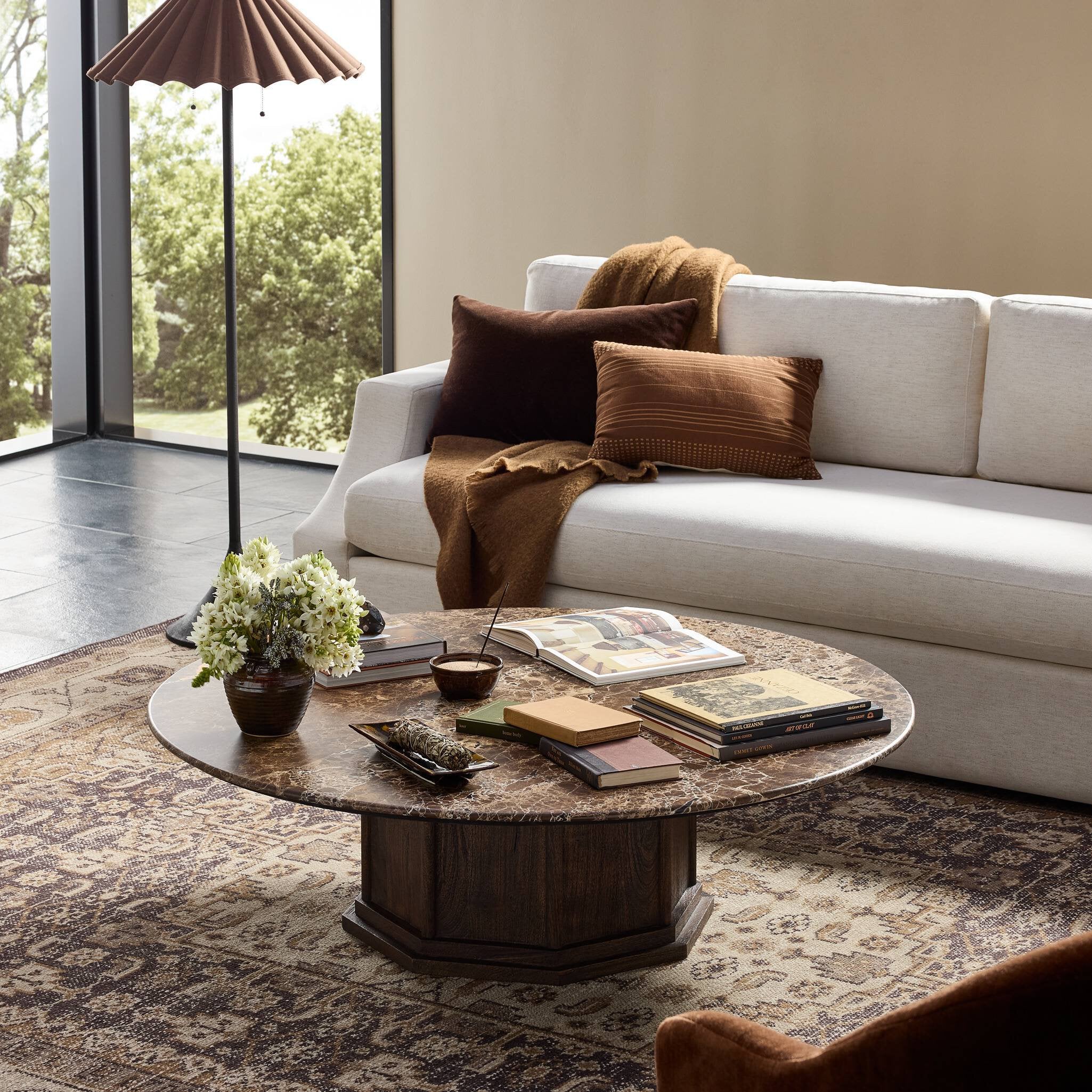 Four Hands Pavlo Coffee Table — Dark Brown Acacia-Brown Marble