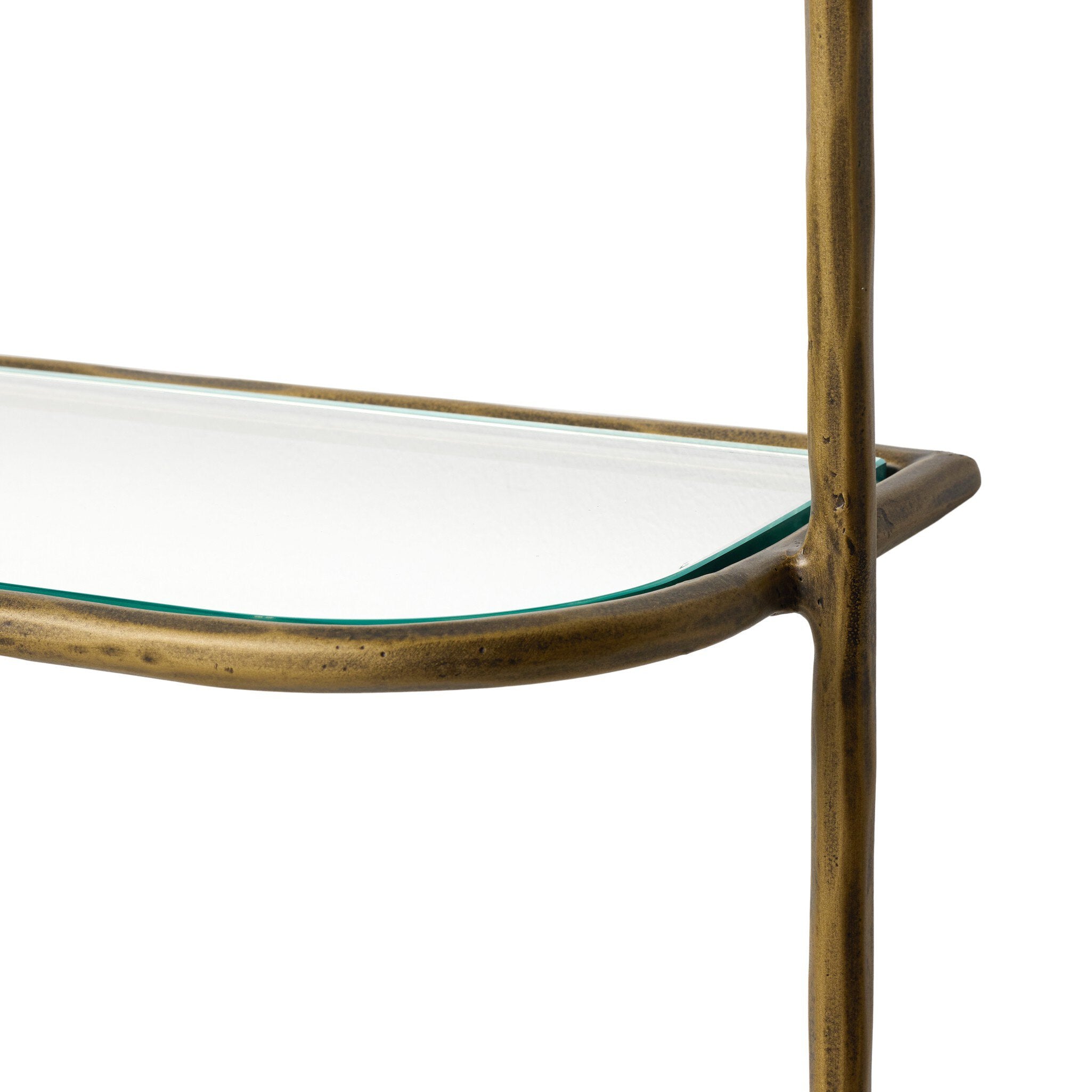 Four Hands Swinton Shelf — Hammered Aged Brass-Tempered Glass