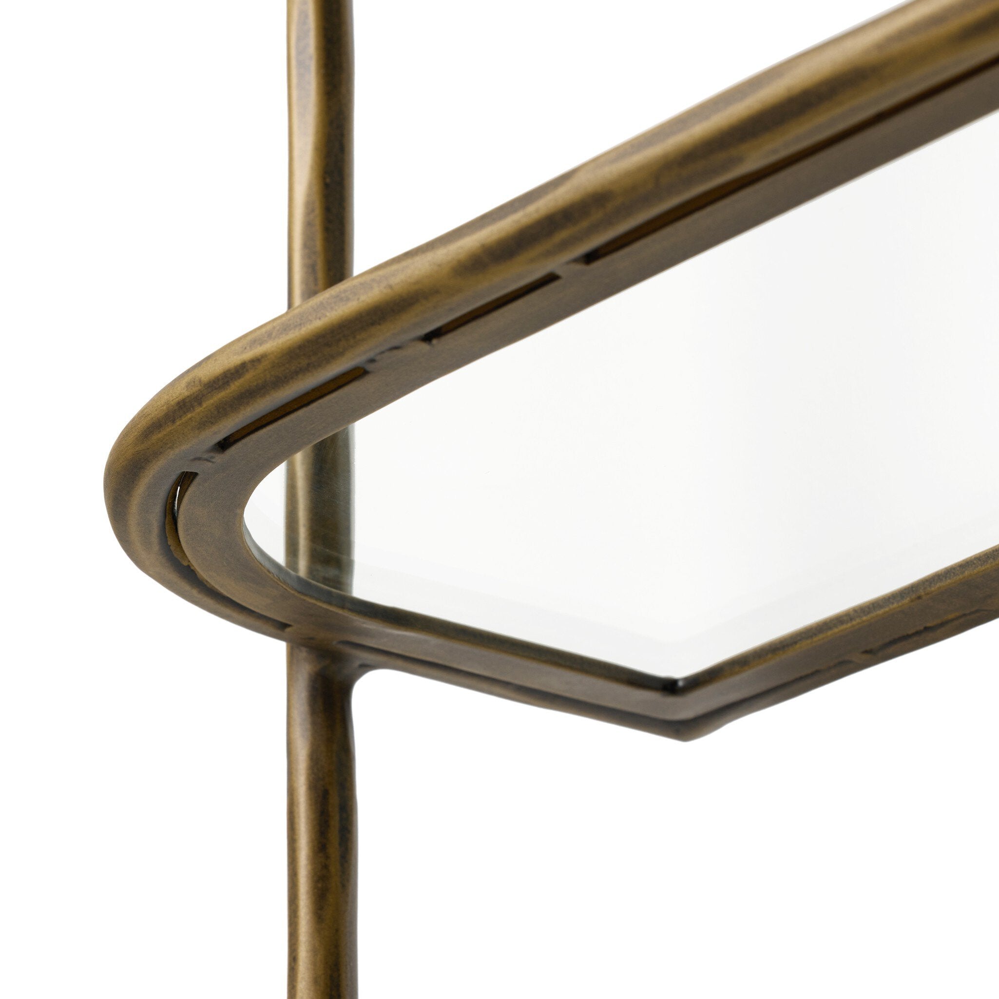 Four Hands Swinton Shelf — Hammered Aged Brass-Tempered Glass