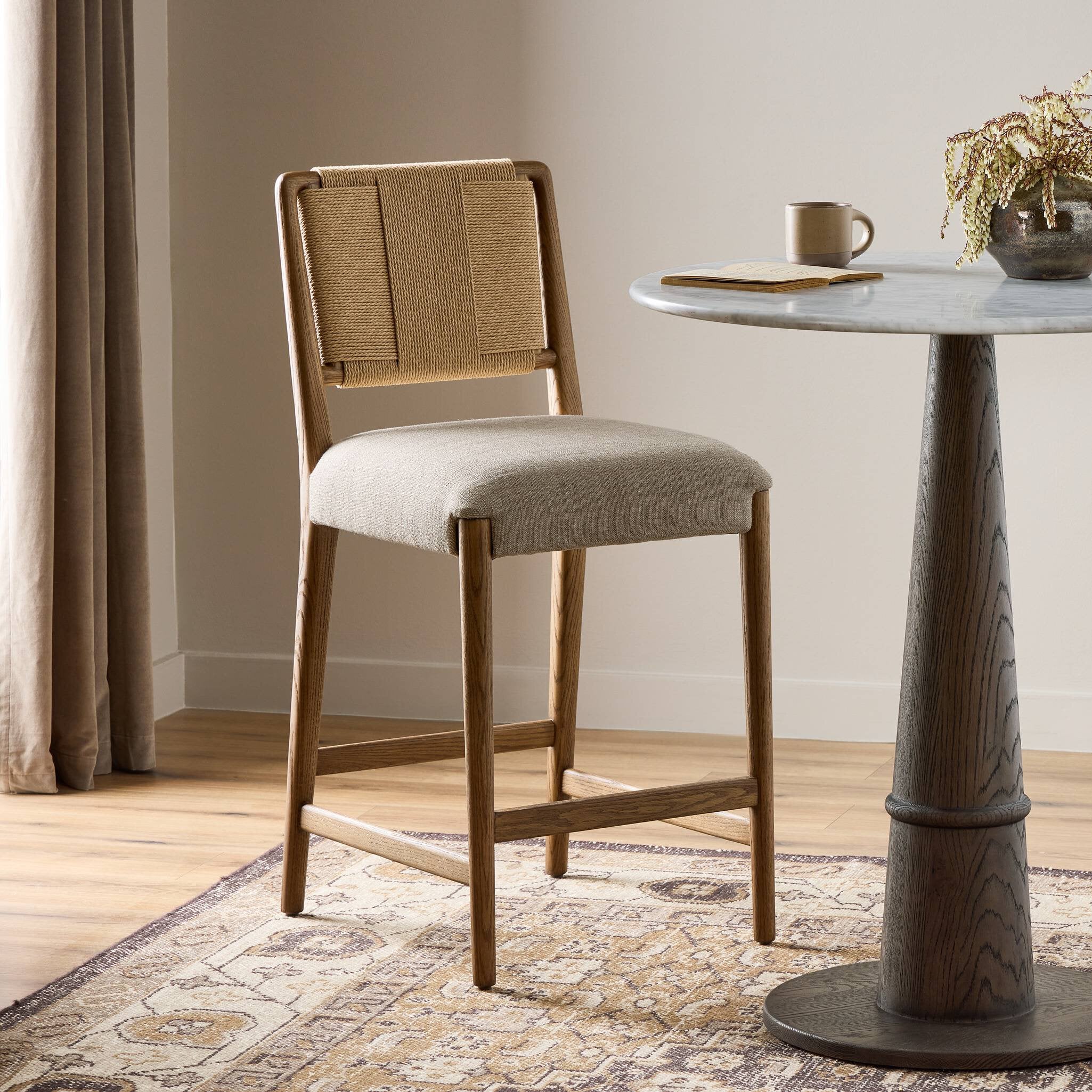Four Hands Rothler Bar + Counter Stool — Alcala Wheat-Tan Oak-Double Twisted Paper Cord-Bar